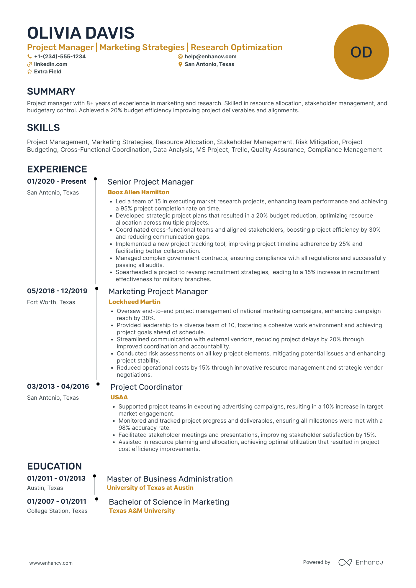 Market Research Project Manager Resume Example