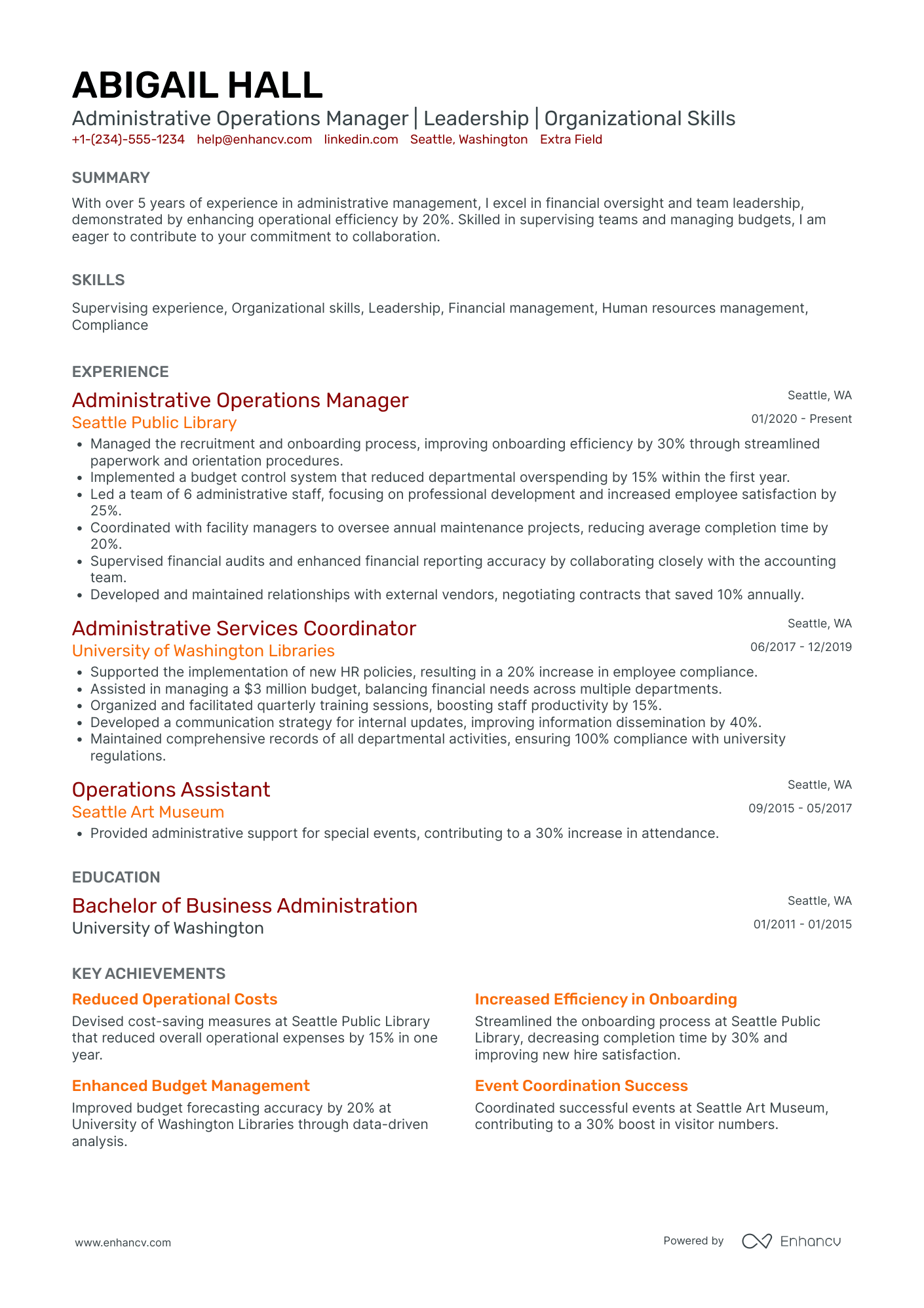 Administrative Operations Manager Resume Example