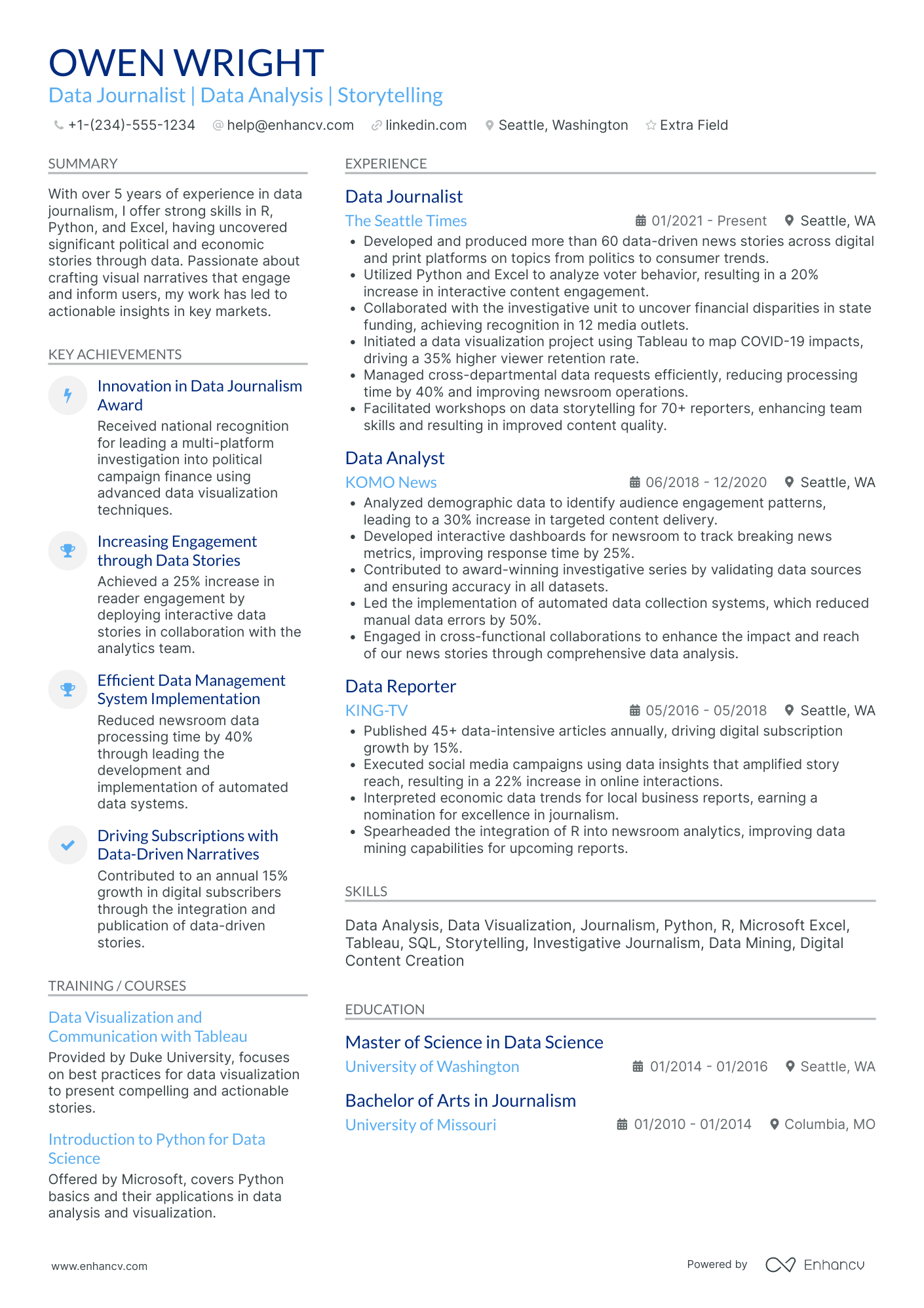 Science Journalist Resume Example