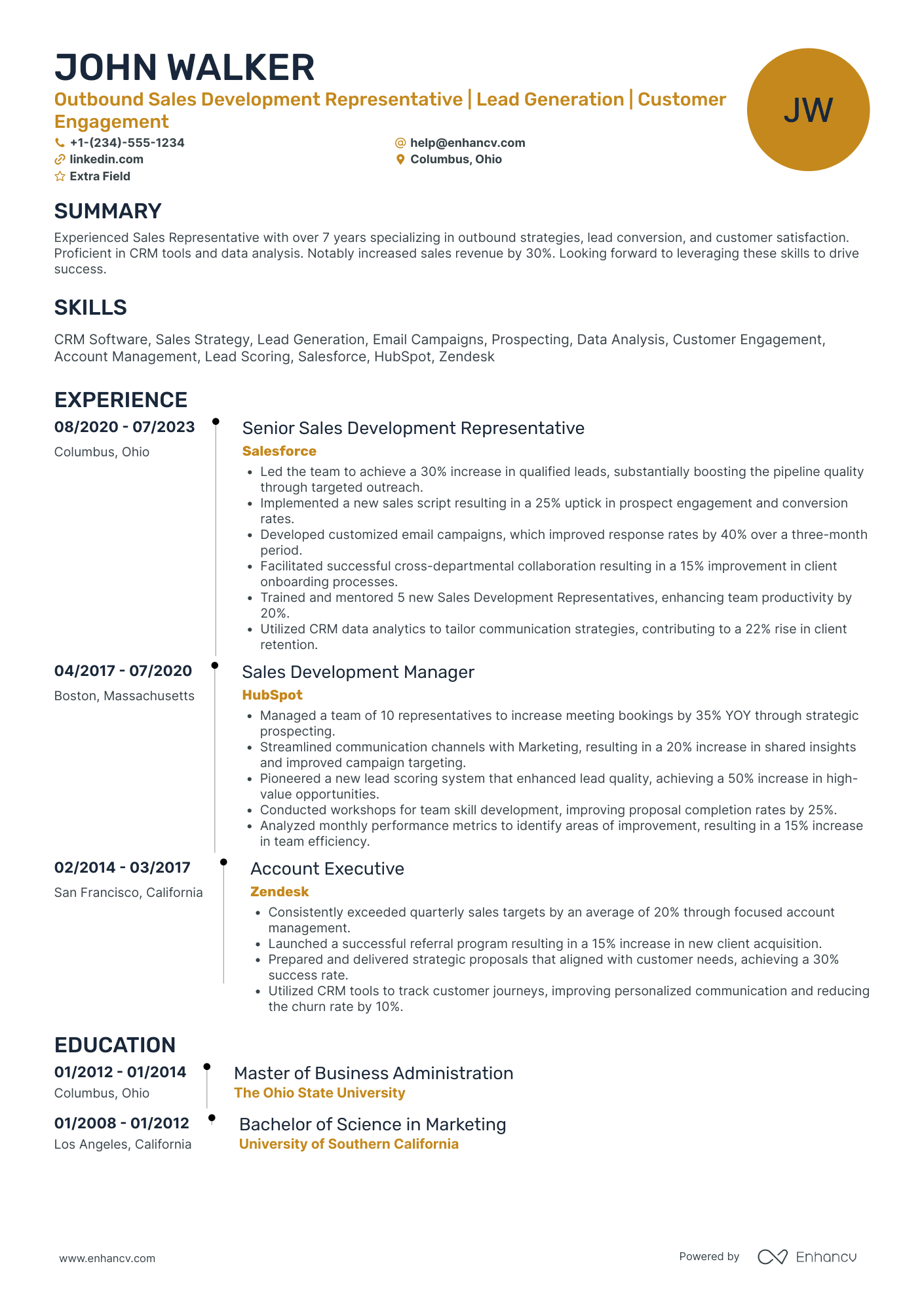 Outbound Sales Development Representative Resume Example