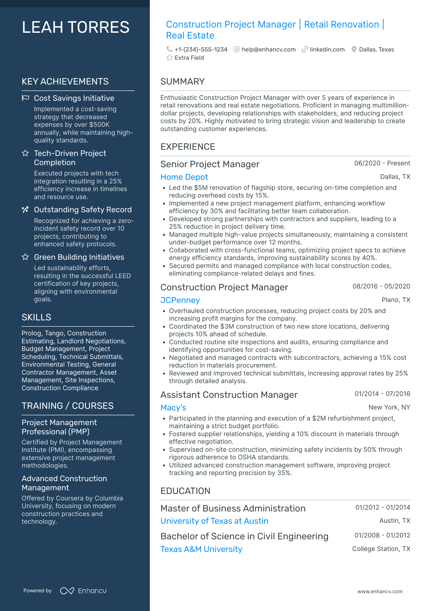 Entry Level Construction Project Manager Resume Example