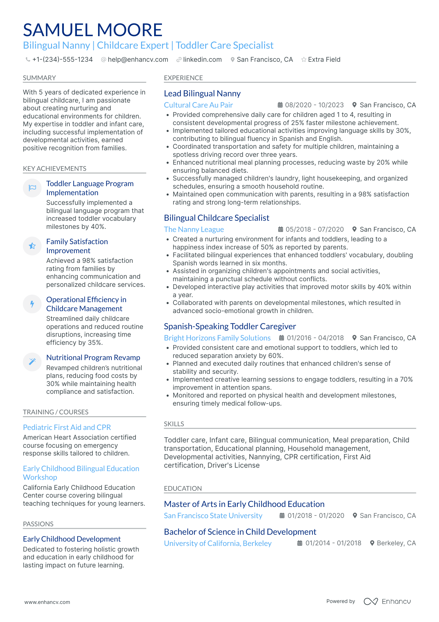 Bilingual Nanny Resume Example