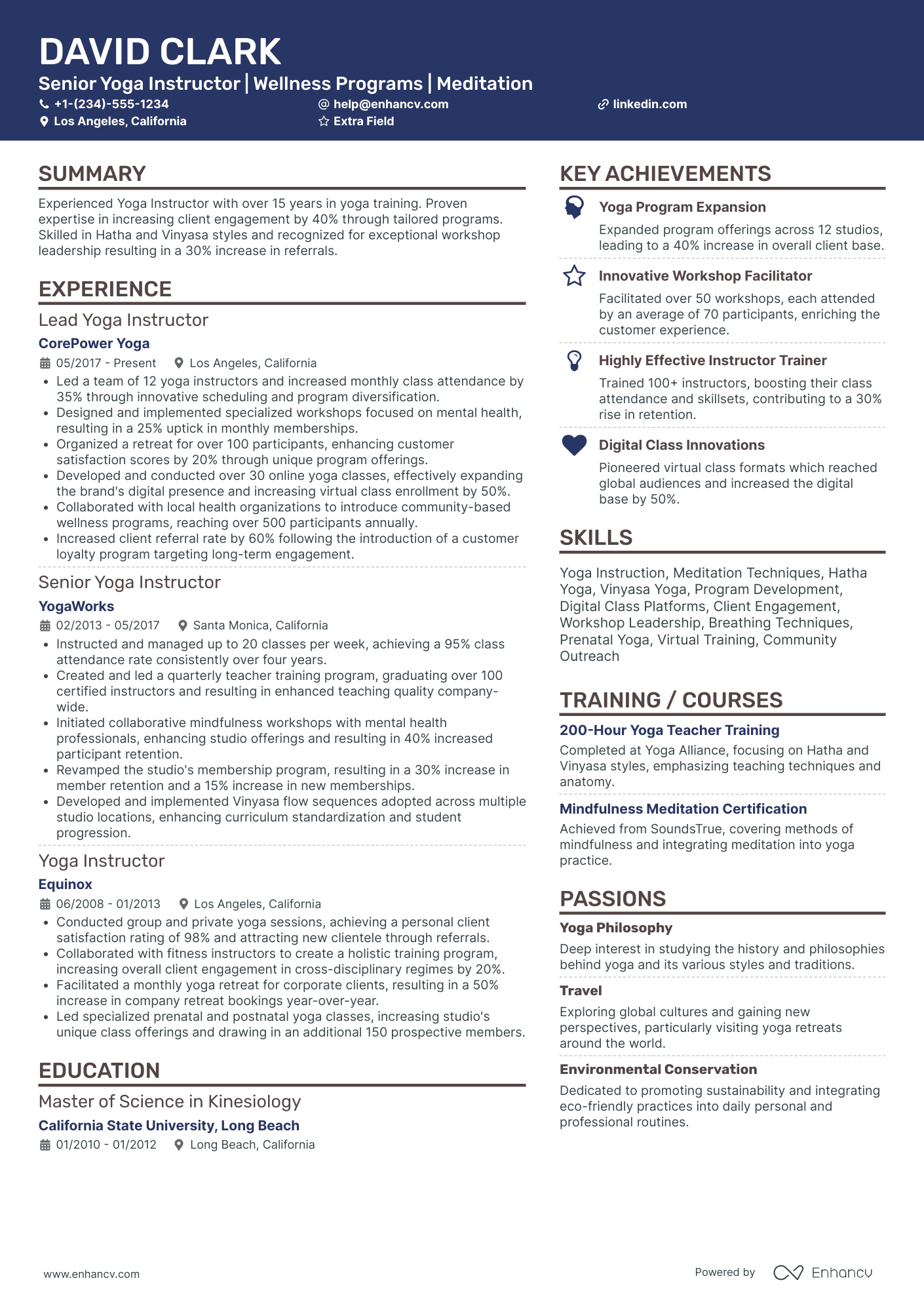 Senior Yoga Instructor Resume Example