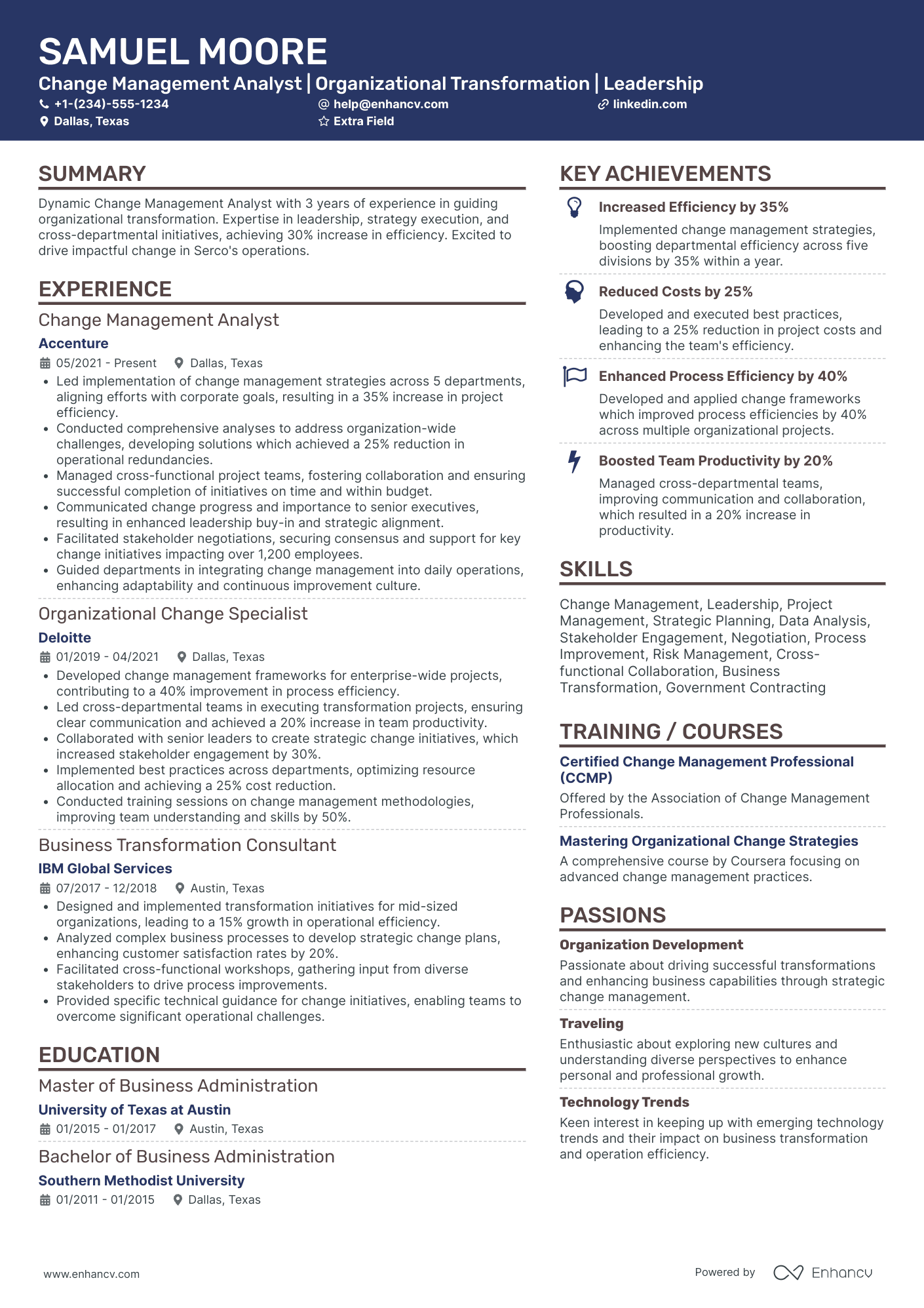 Change Management Analyst Resume Example