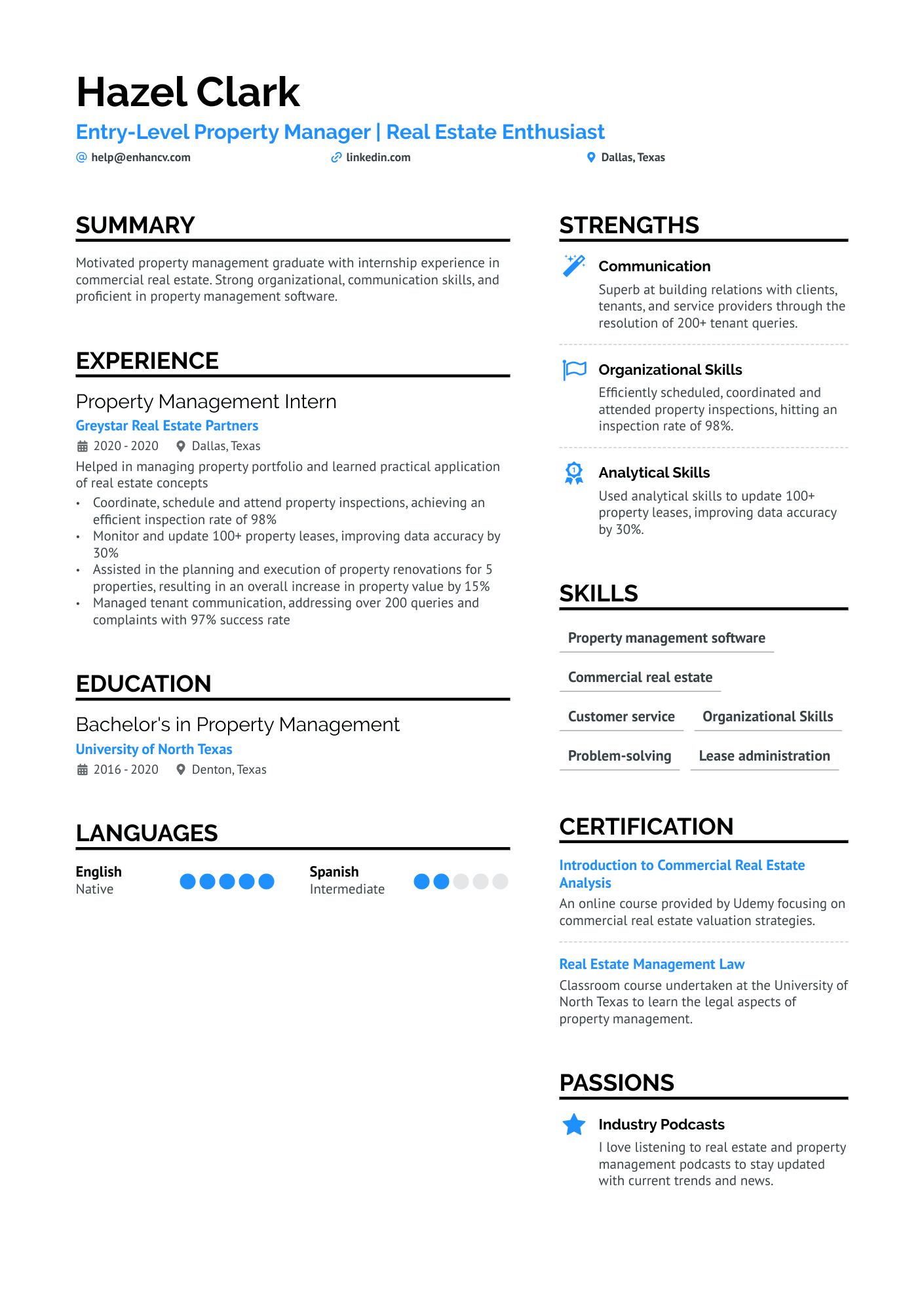 Entry Level Property Manager Resume Example