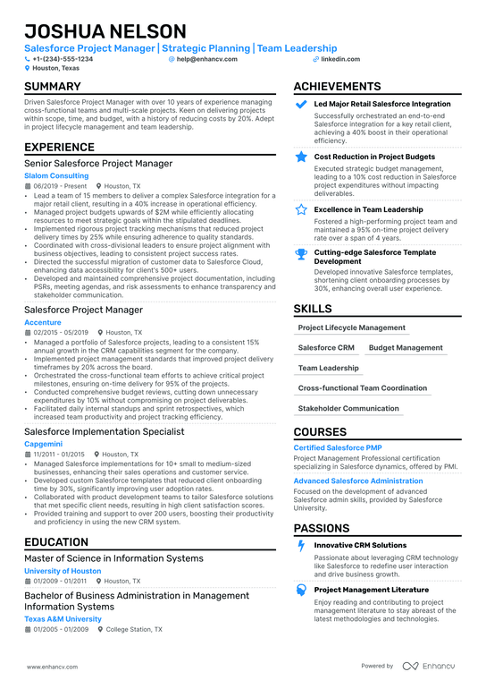 Salesforce Project Manager Resume Example