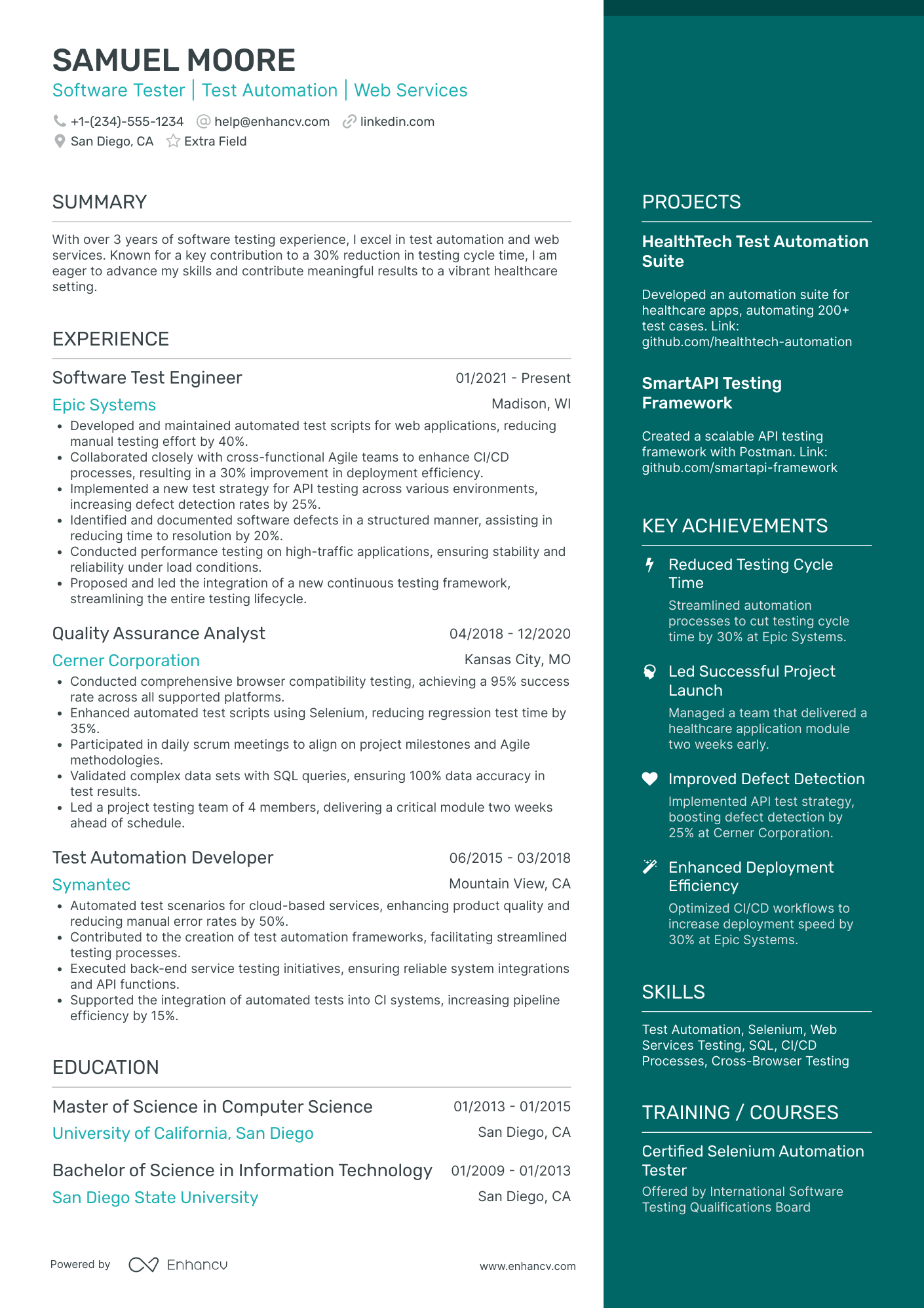 Senior Software Tester Resume Example