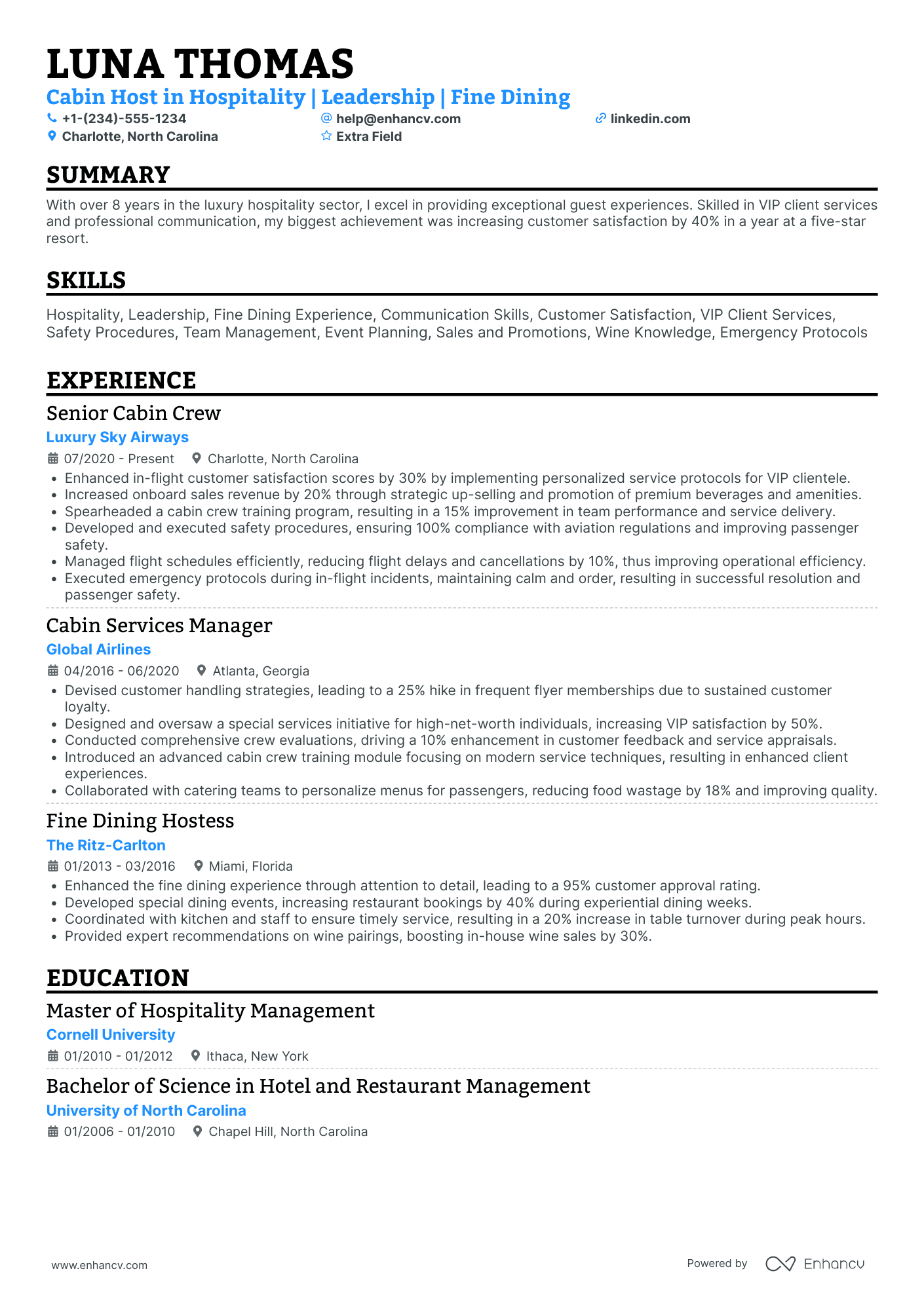 Airline Hostess Resume Example