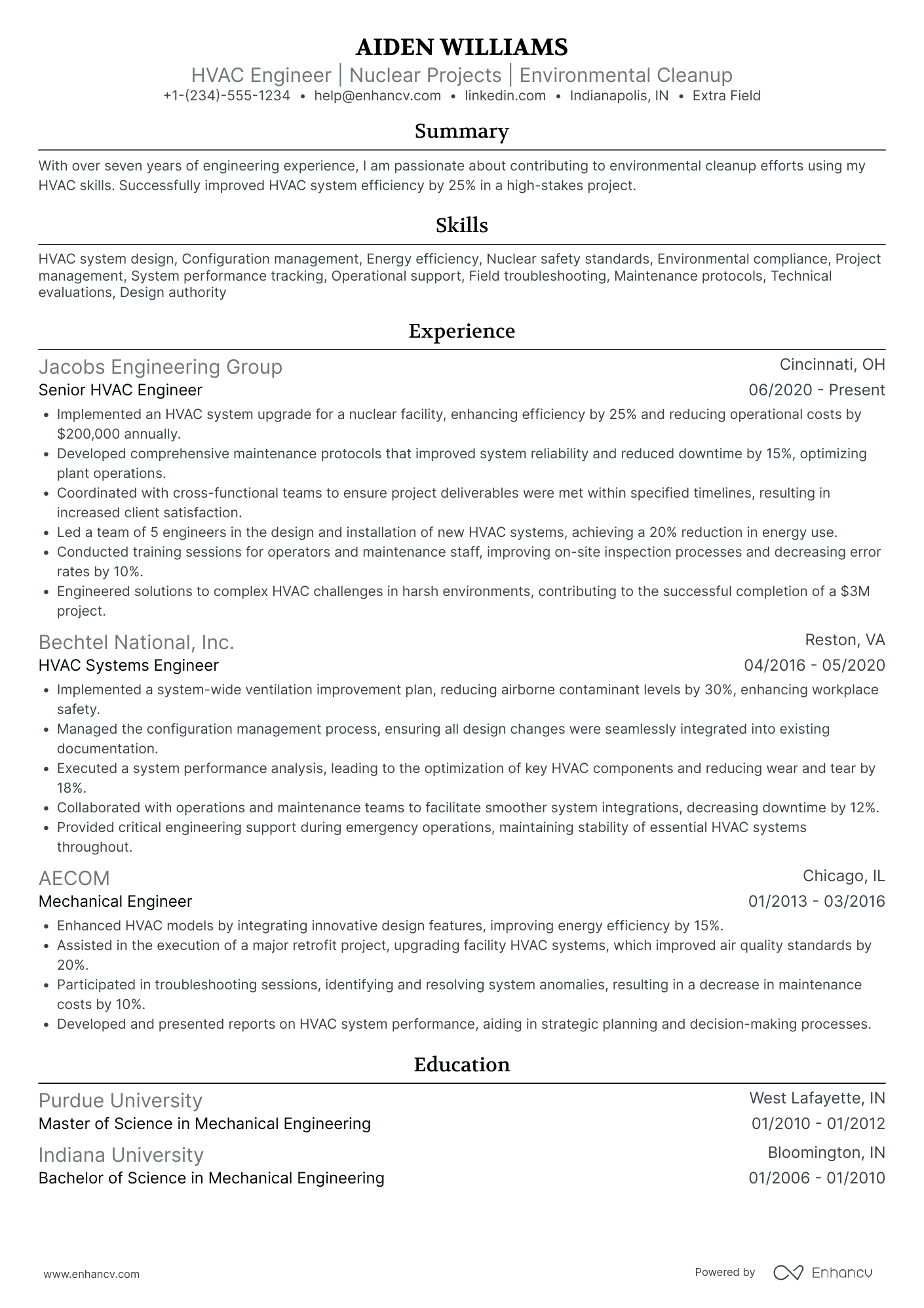 Senior HVAC Engineer Resume Example