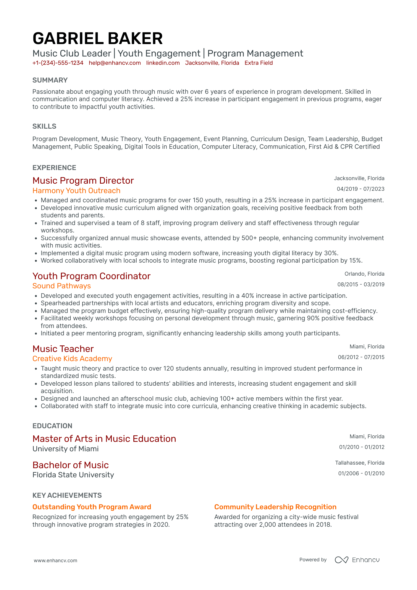 Music Camp Counselor Resume Example