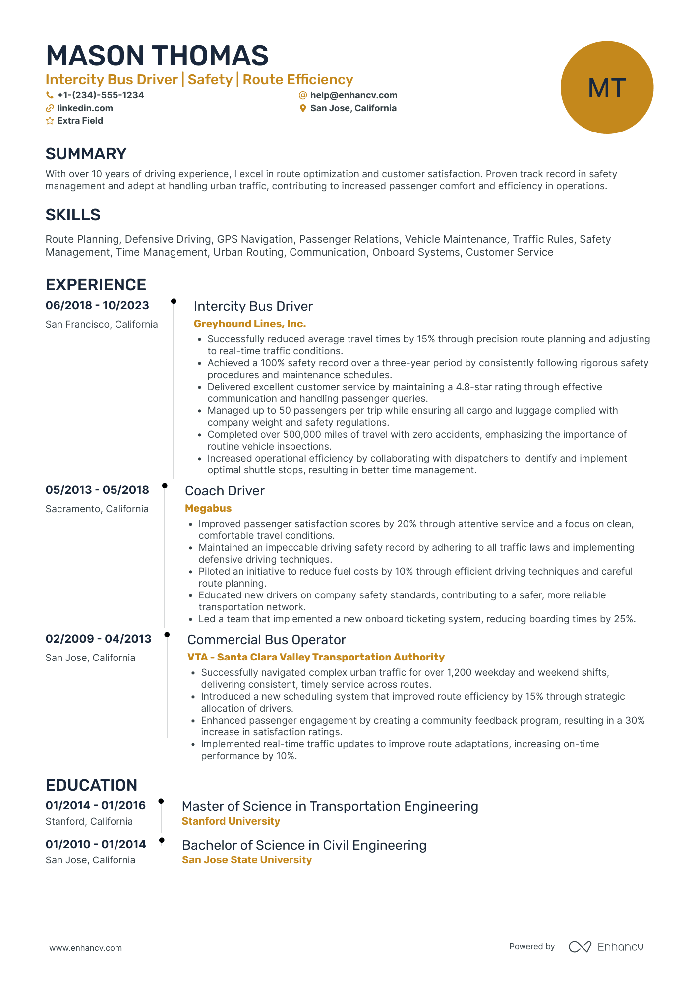 Intercity Bus Driver Resume Example