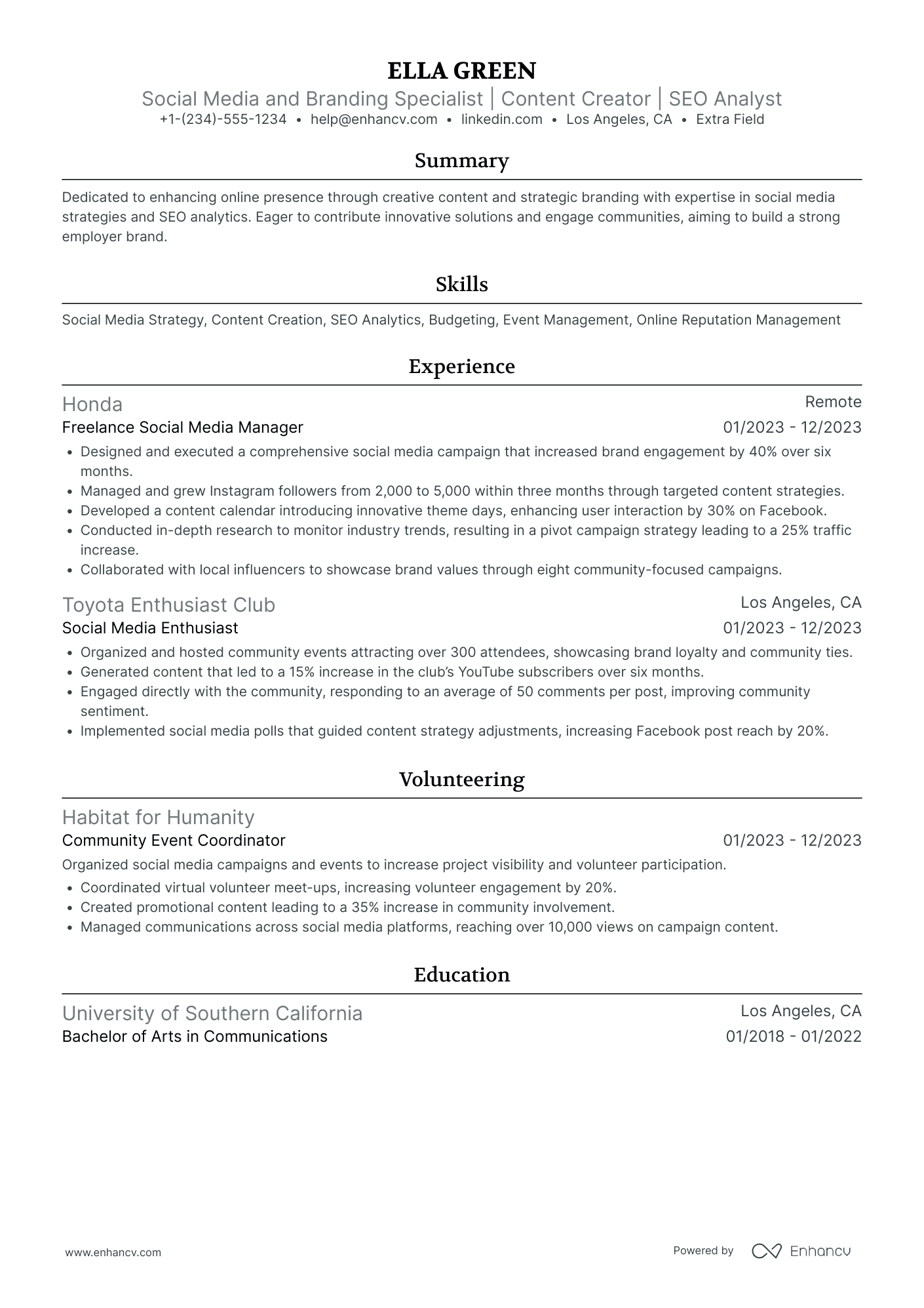 Social Media and Branding Intern Resume Example