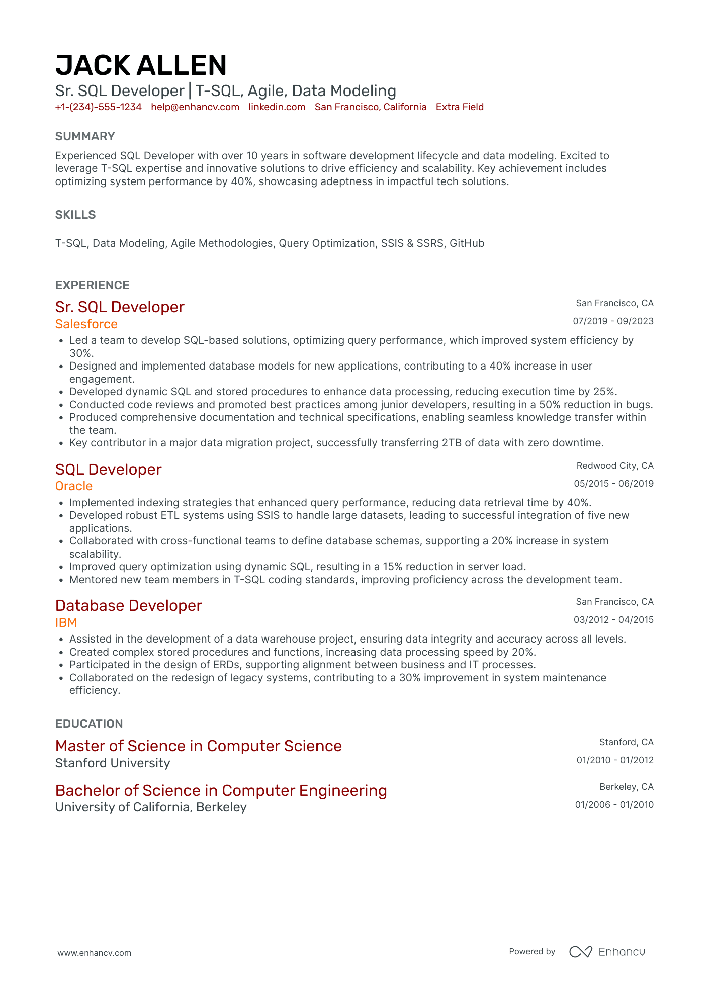 Lead SQL Developer Resume Example