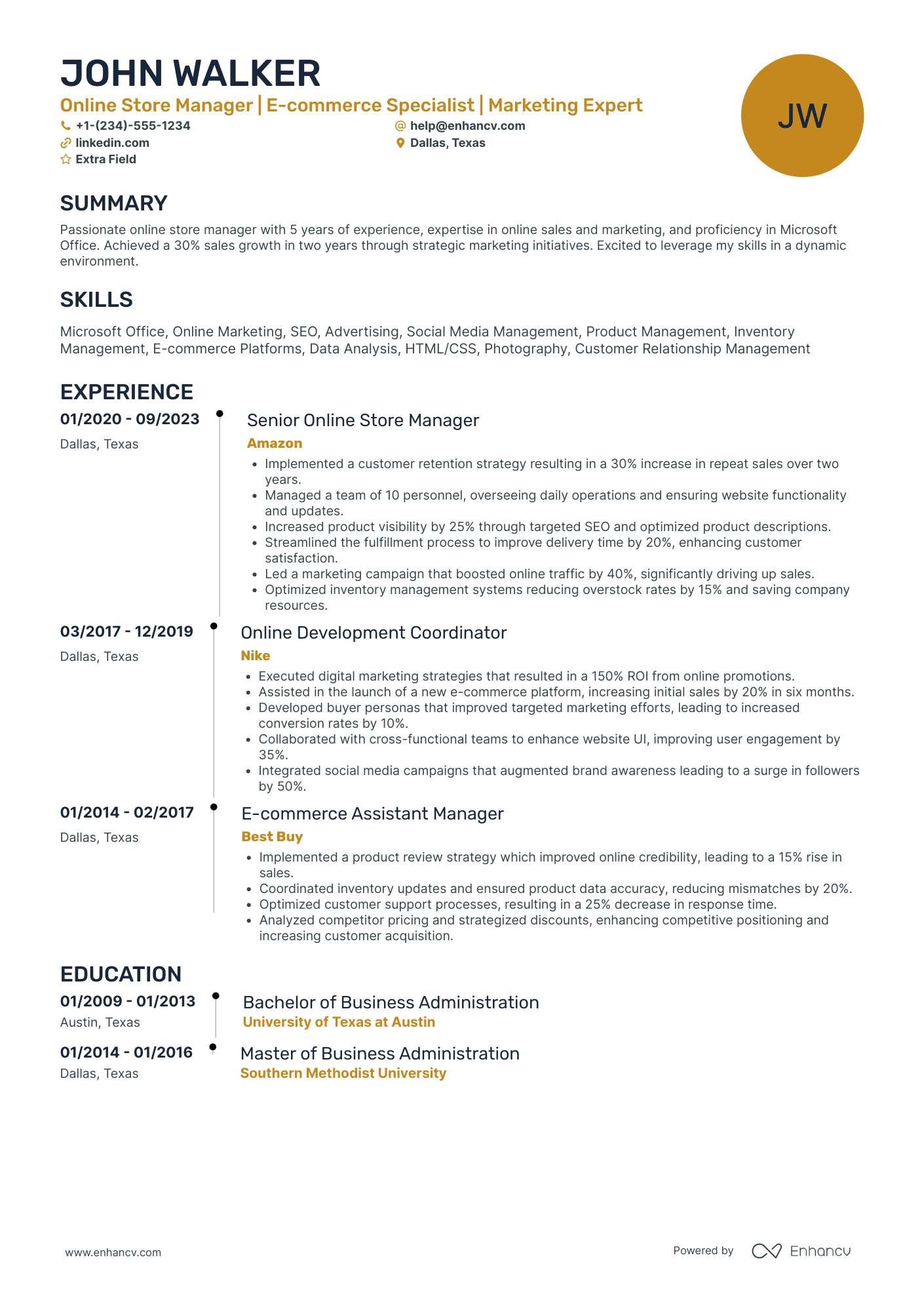 Online Store Manager Resume Example