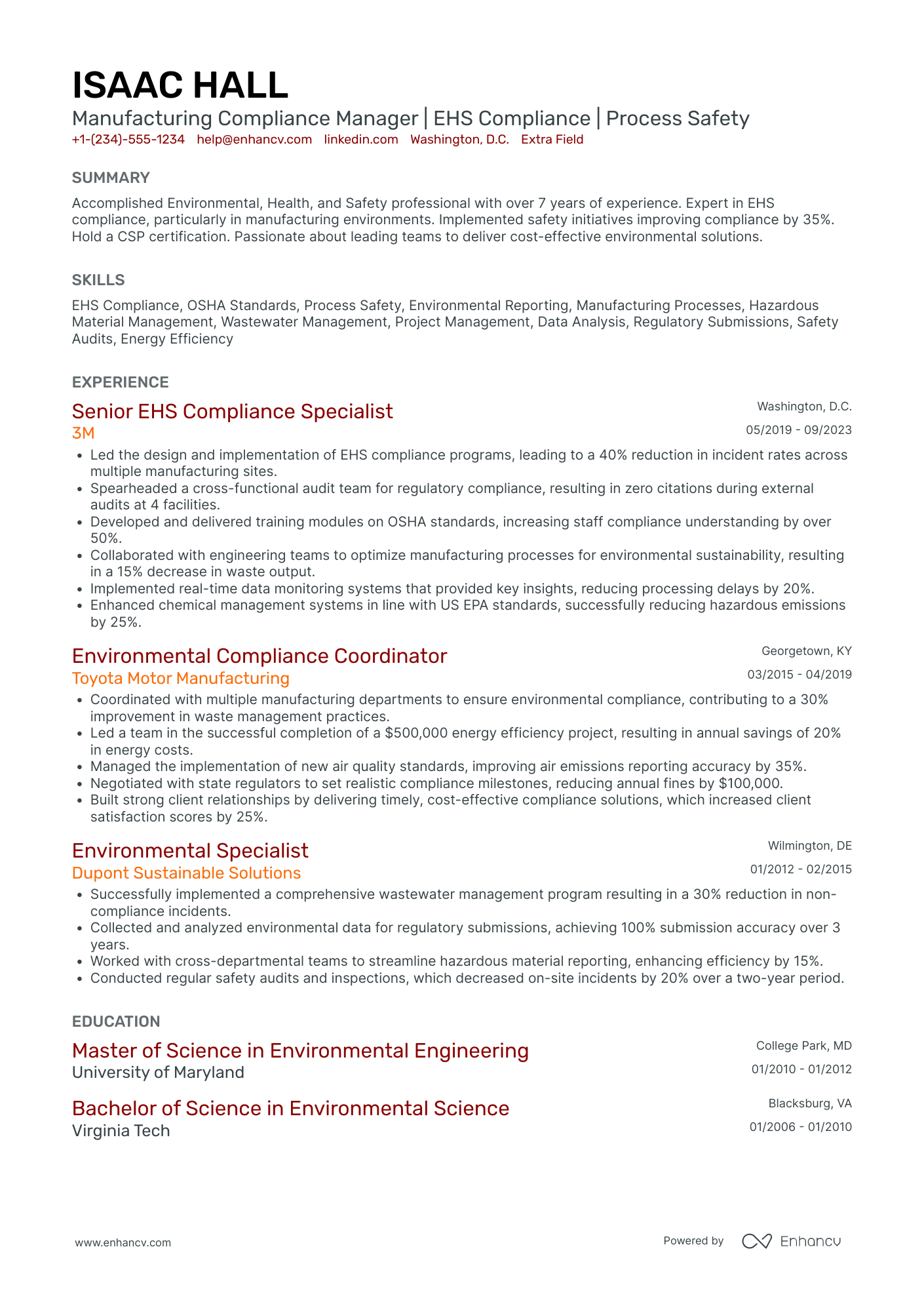 Manufacturing Compliance Manager Resume Example