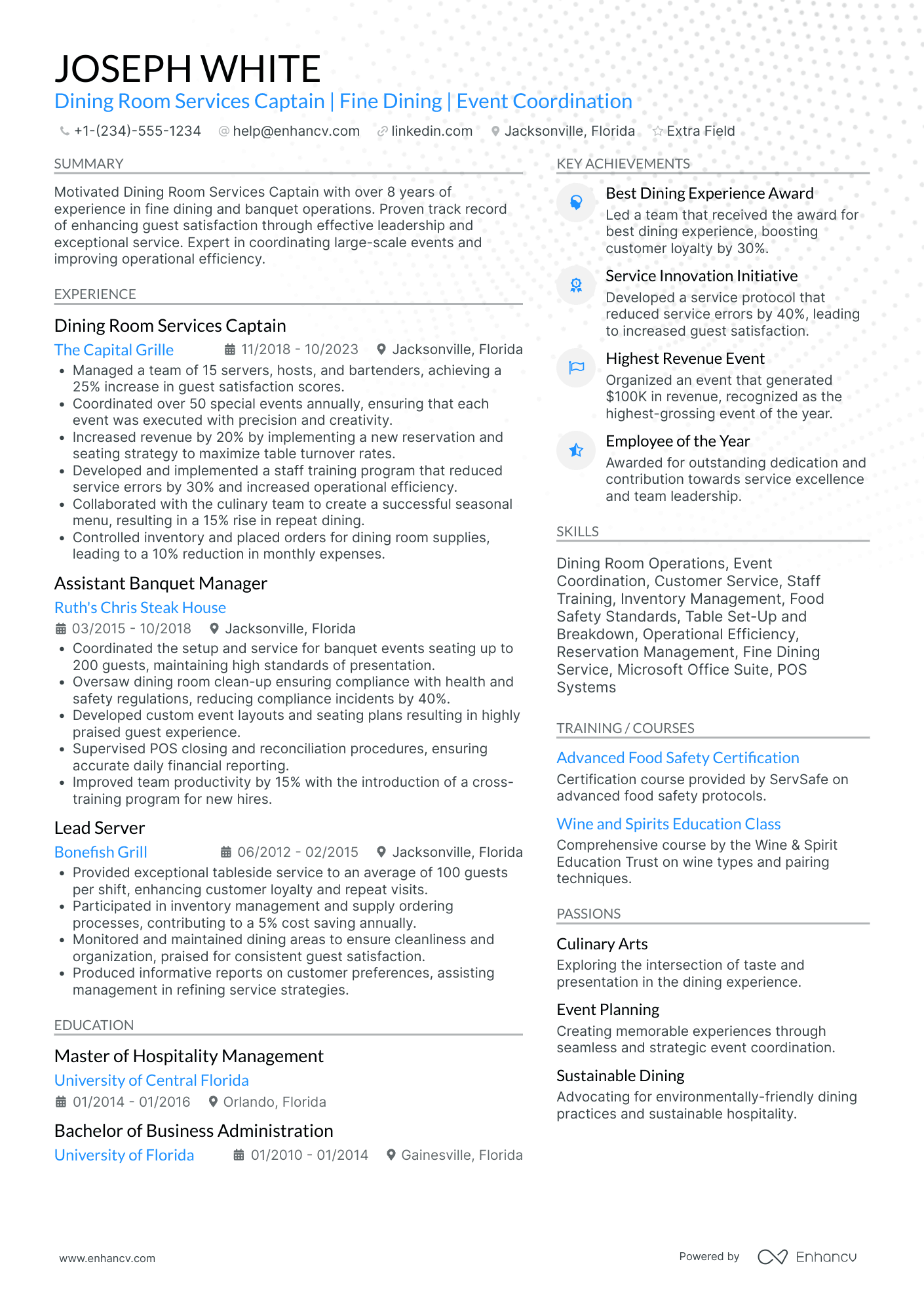 Dining Room Busser Resume Example