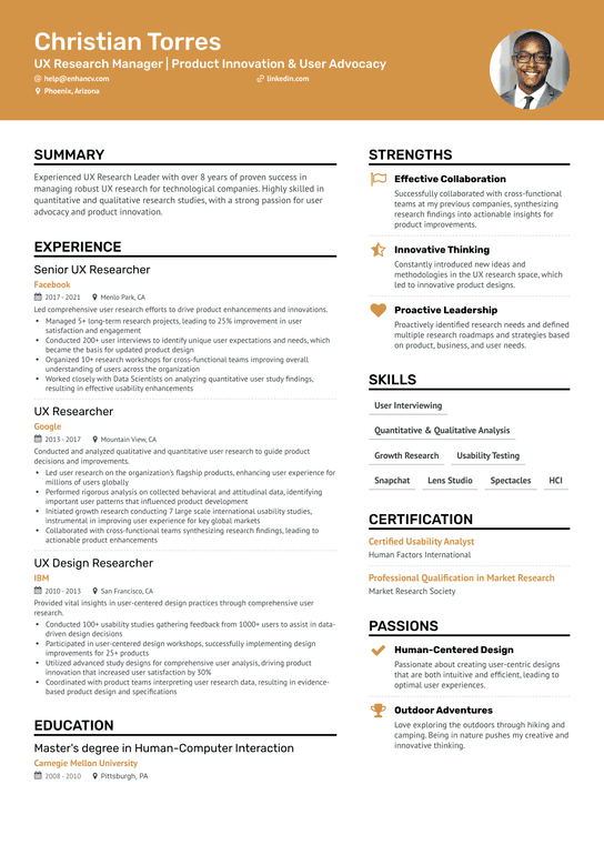 Product Researcher Resume Example