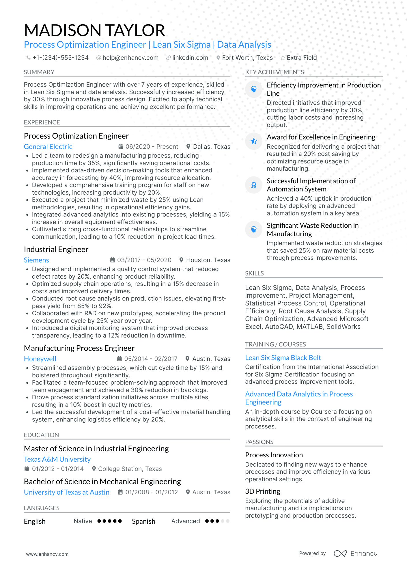 Process Optimization Engineer Resume Example