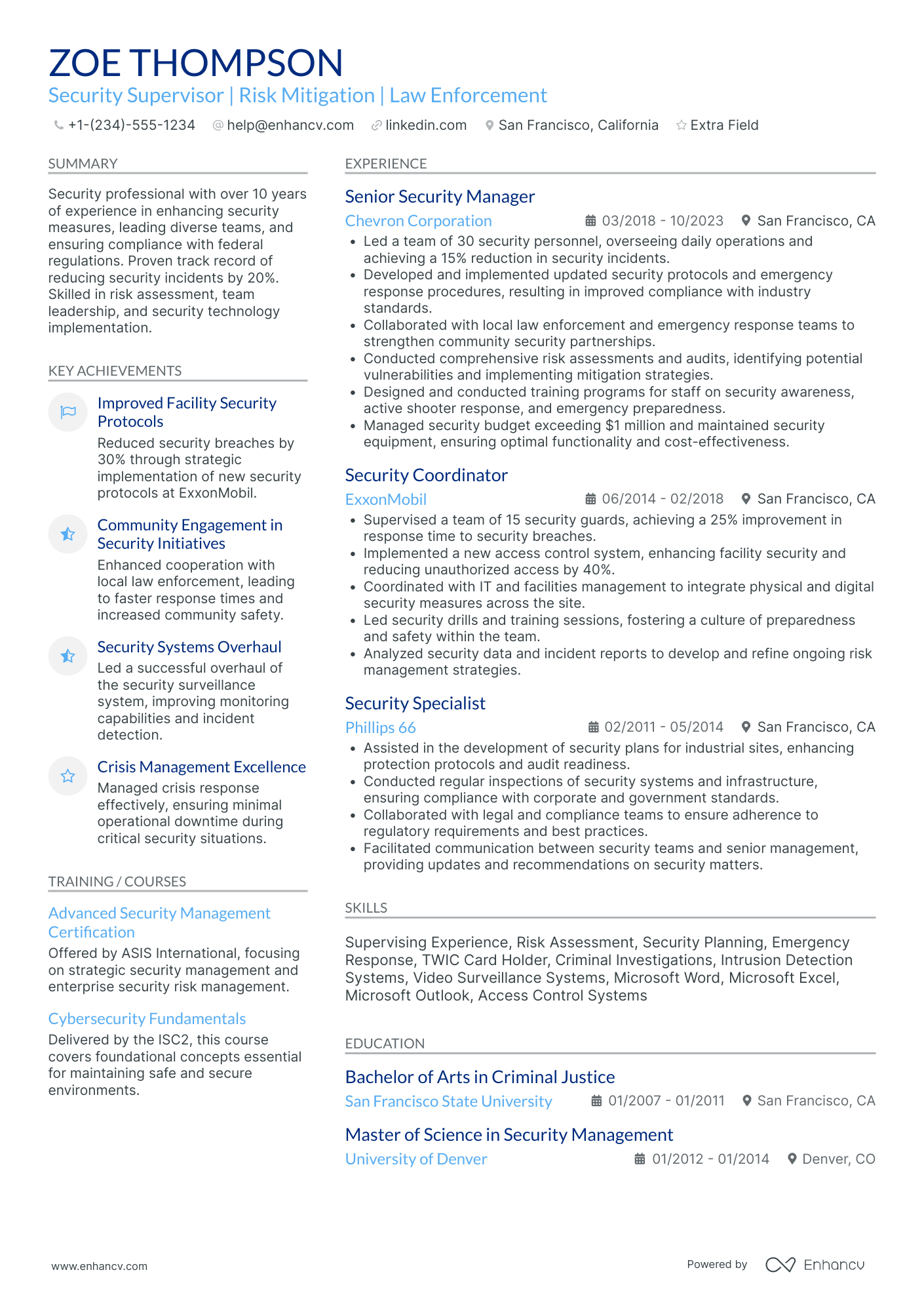 Security Supervisor Resume Example