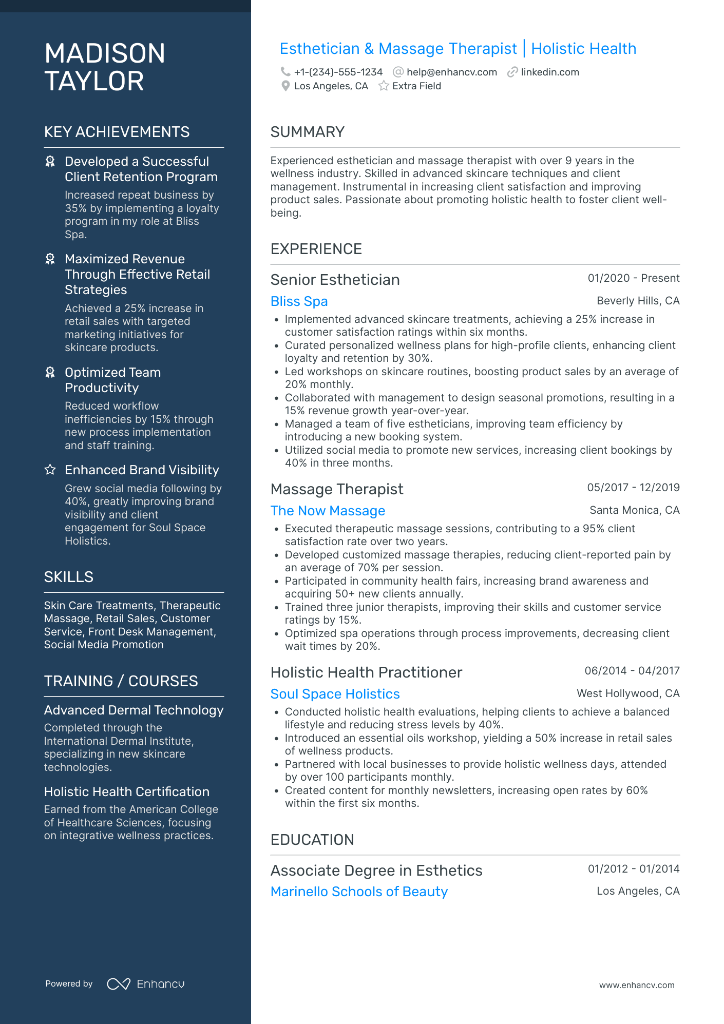 Holistic Esthetician Resume Example