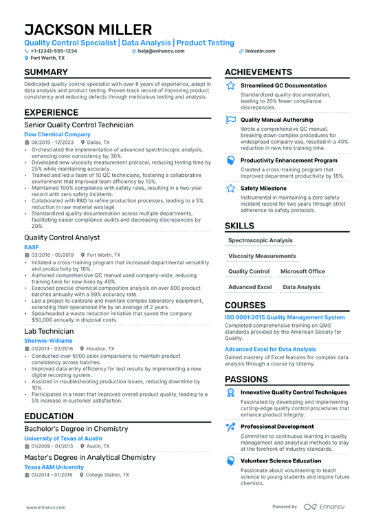 Quality Control Technician Resume Example