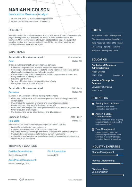 Servicenow Business Analyst Resume Example