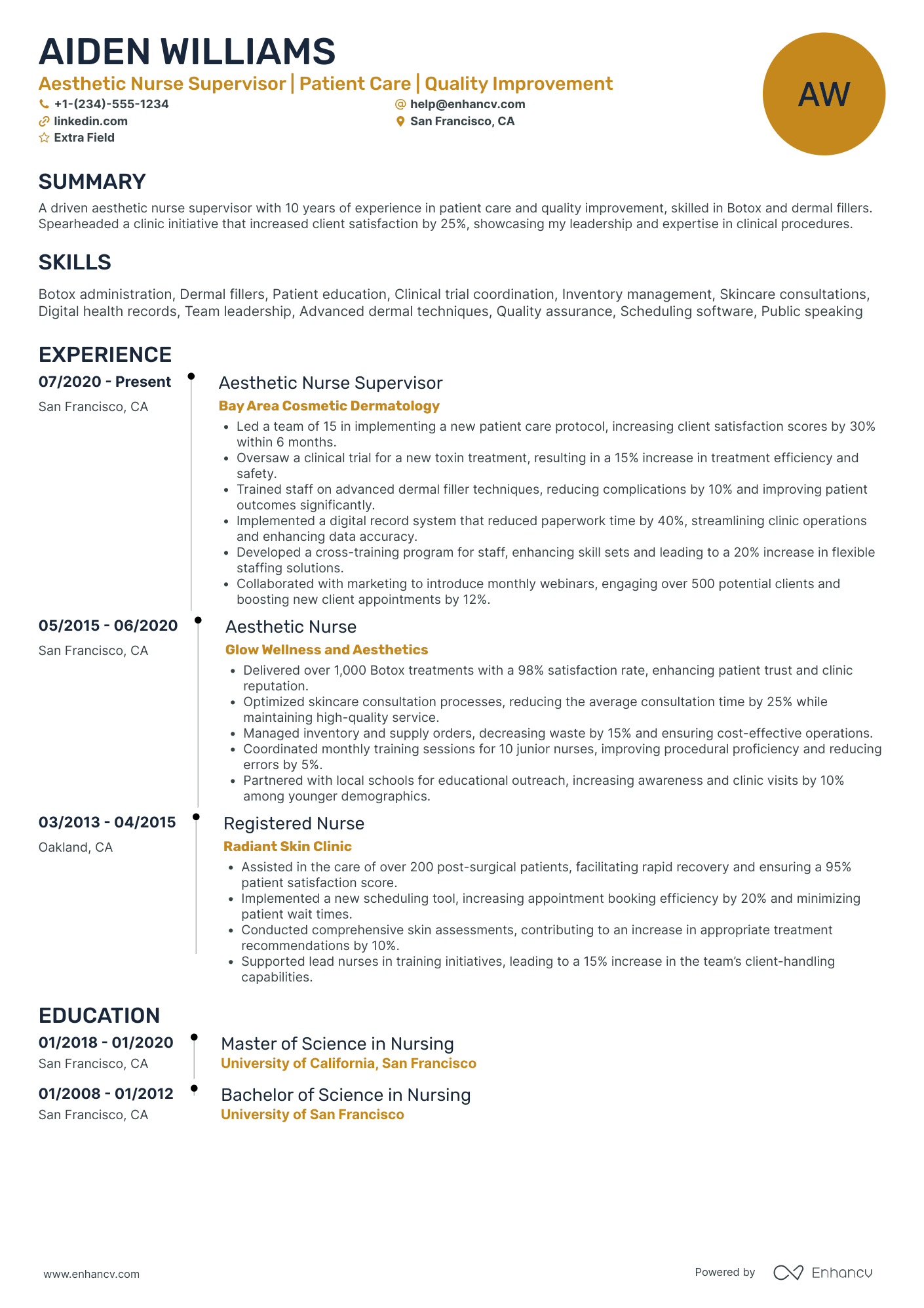 Aesthetic Nurse Supervisor Resume Example