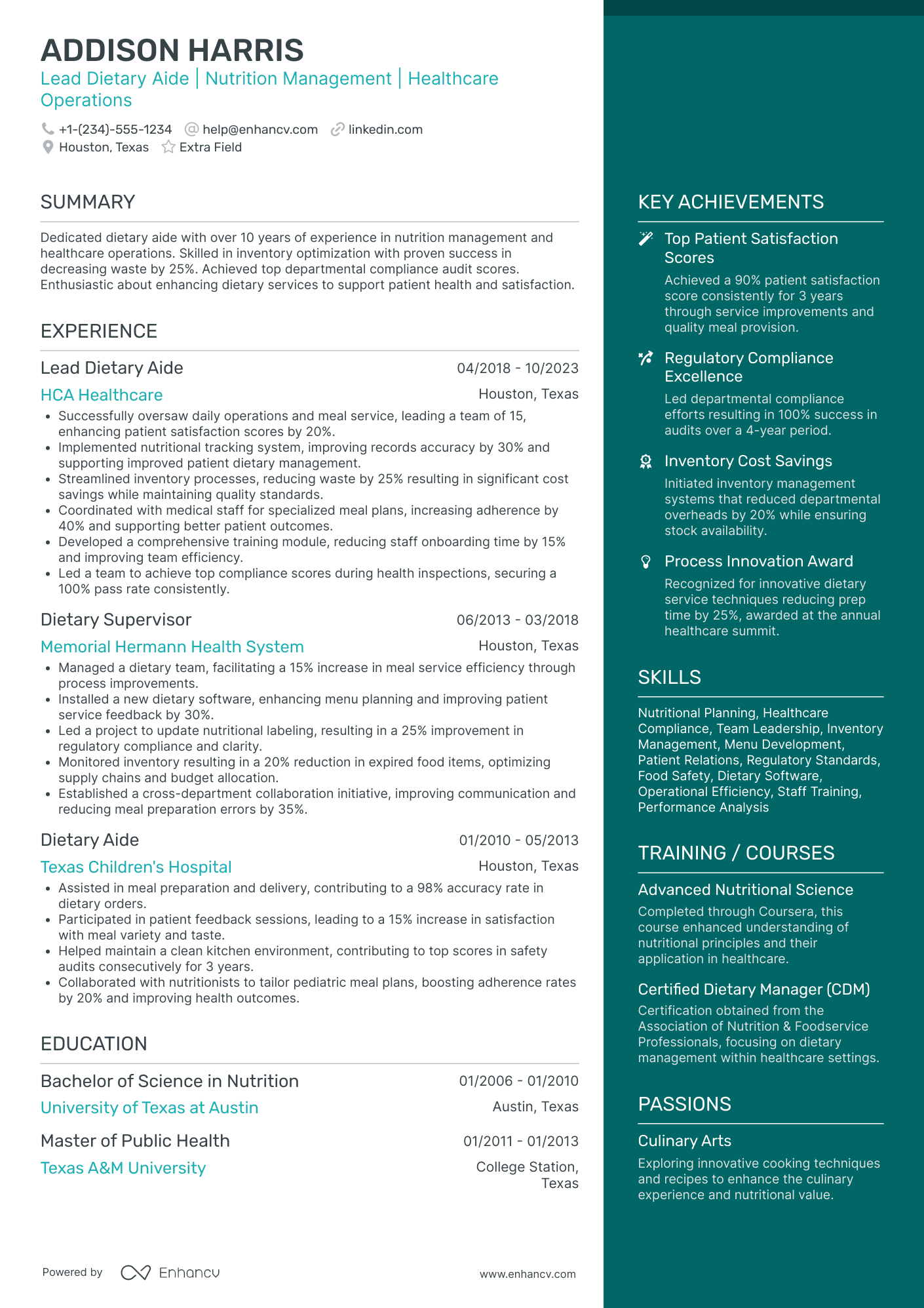 Lead Dietary Aide Resume Example