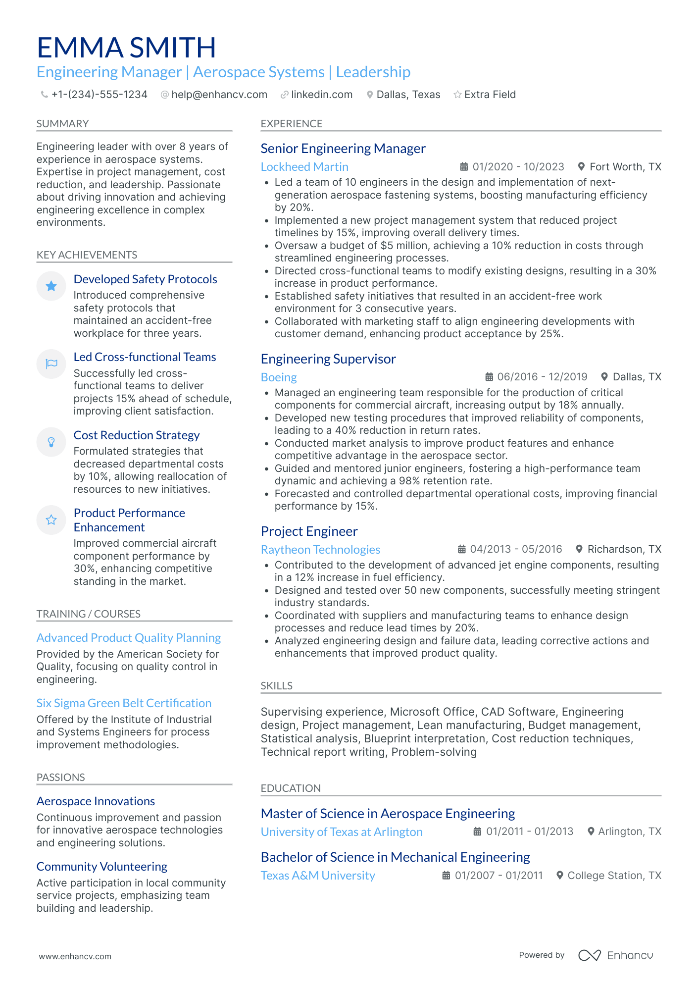 Aerospace Engineering Manager Resume Example