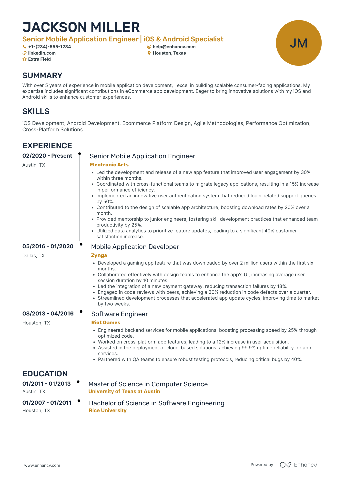 Mobile Application Engineer Resume Example