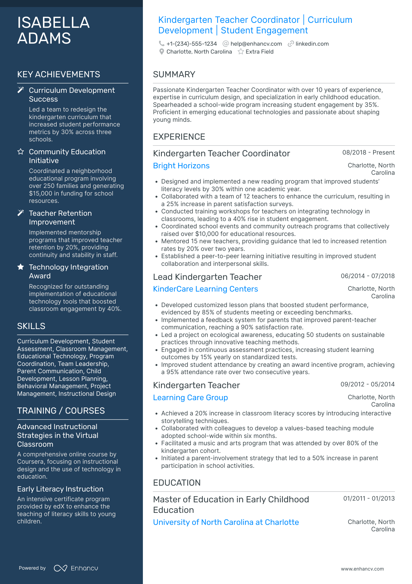 Kindergarten Teacher Coordinator Resume Example