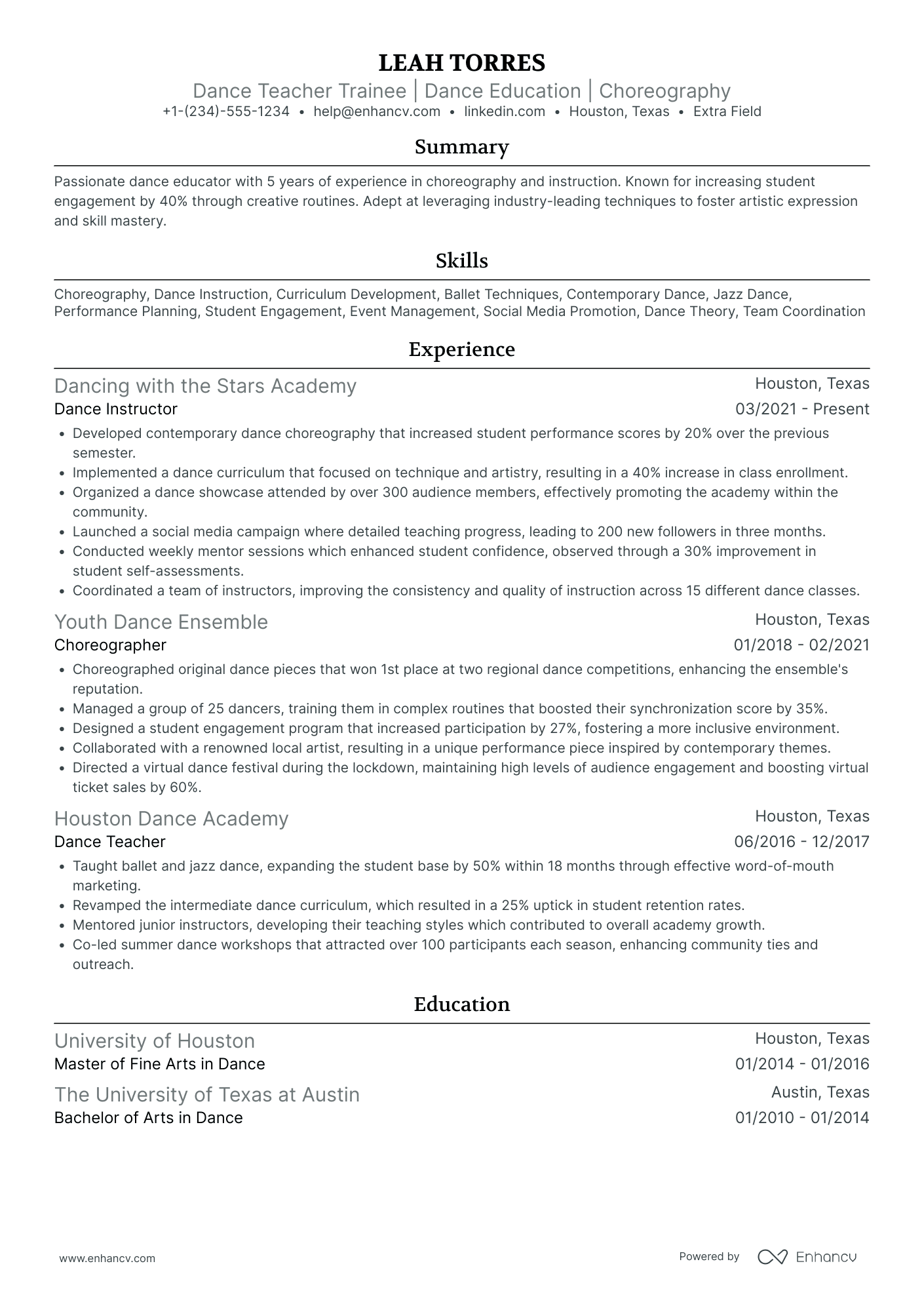 Dance Teacher Trainee Resume Example