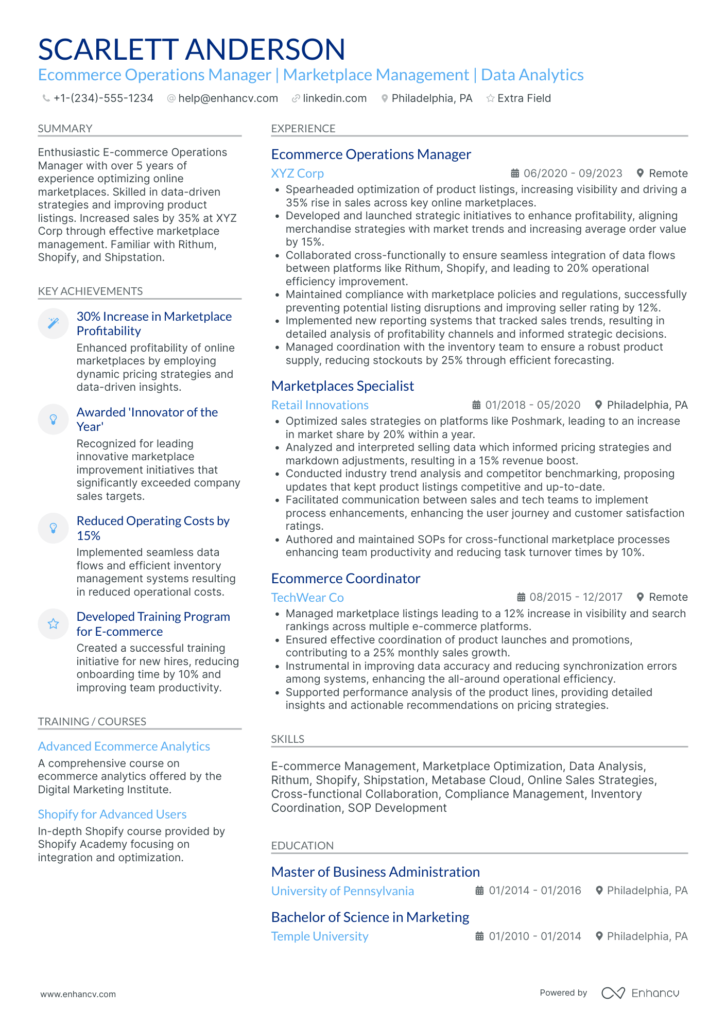 MBA Operations Manager Resume Example