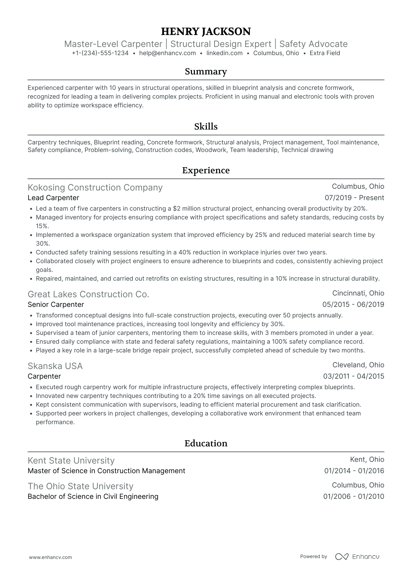 Industrial Carpenter Resume Example