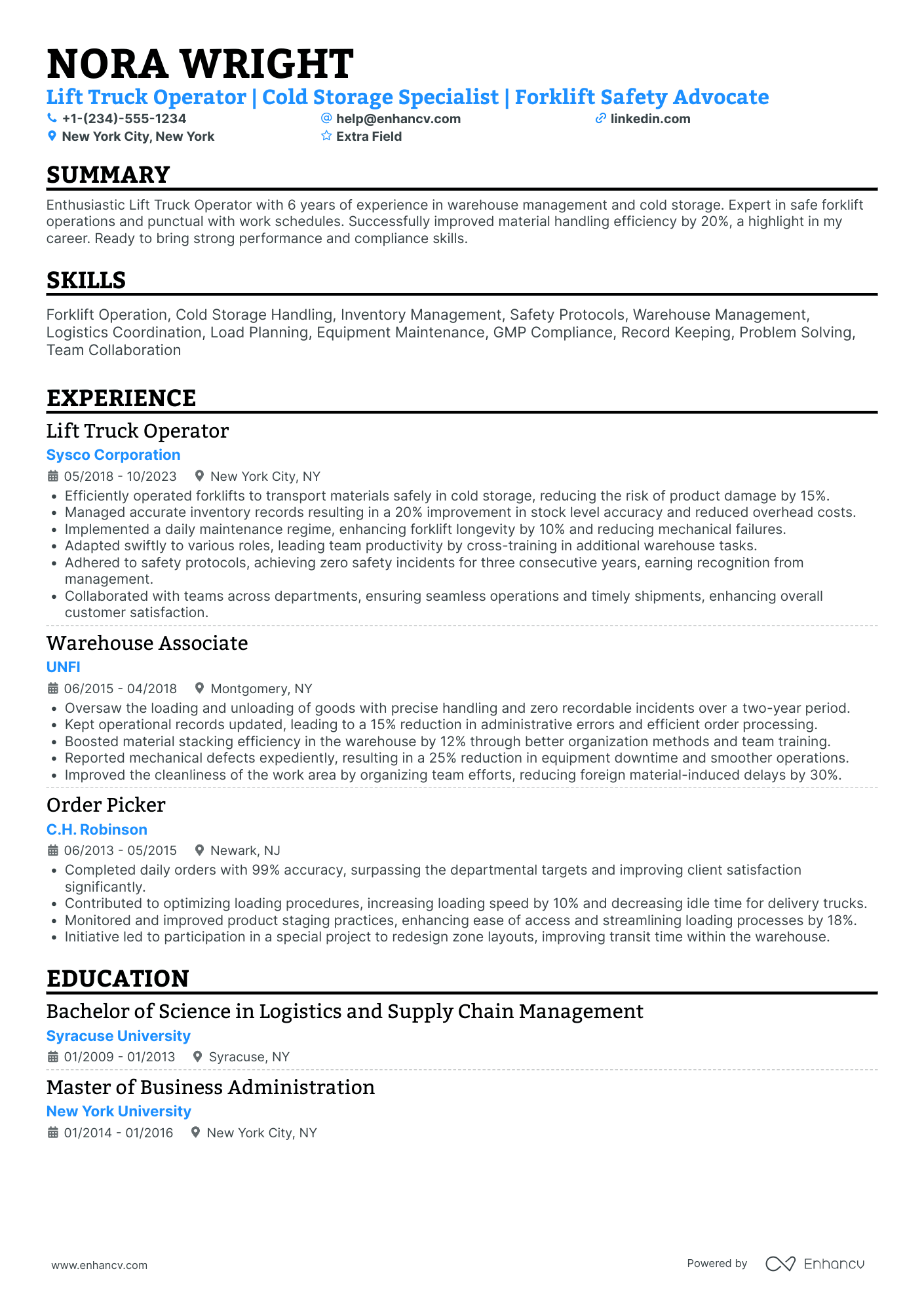 Seasonal Forklift Operator Resume Example