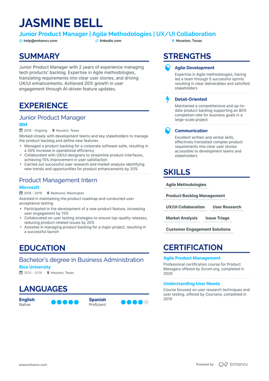 Junior Product Manager Resume Example