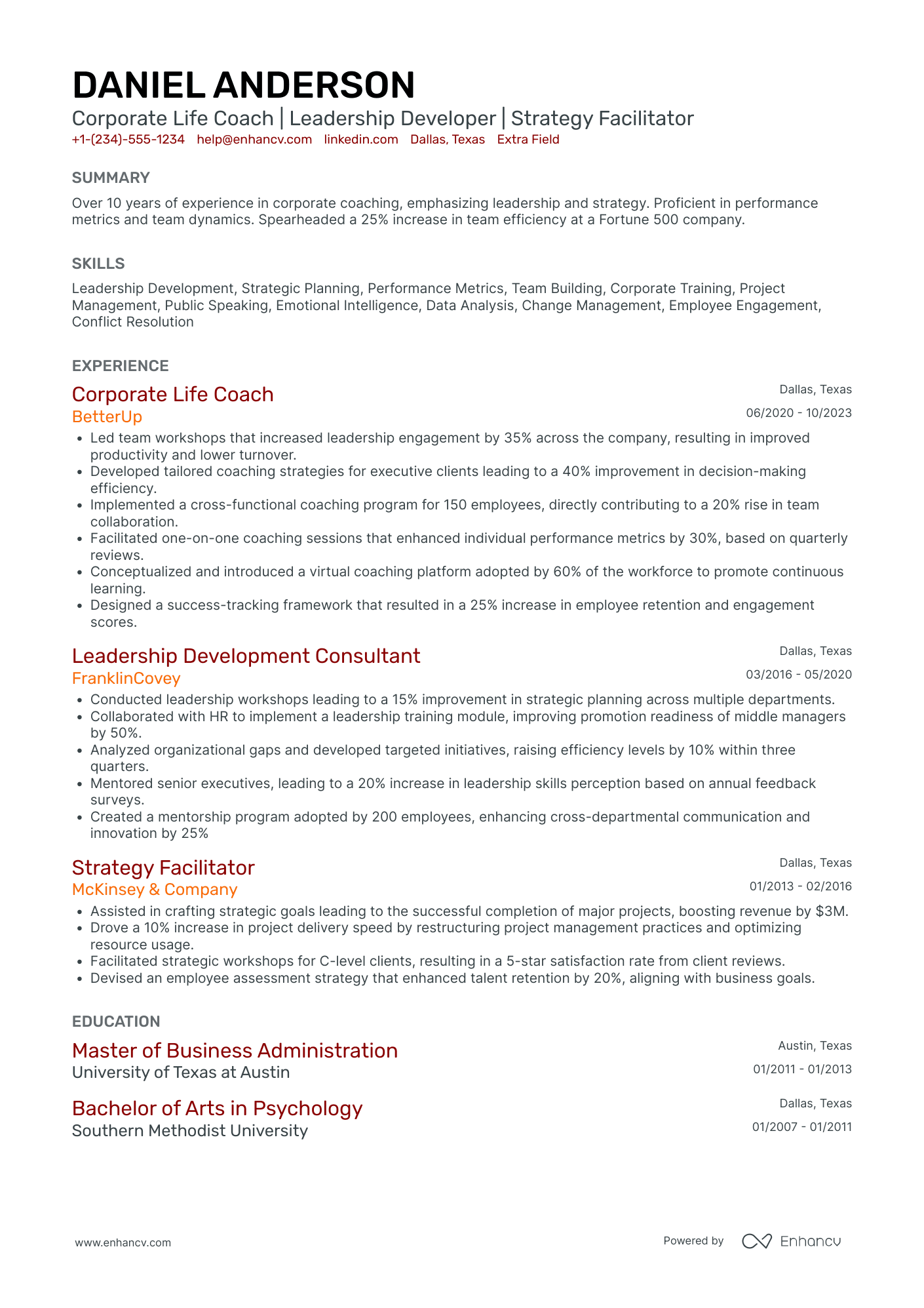 Corporate Life Coach Resume Example