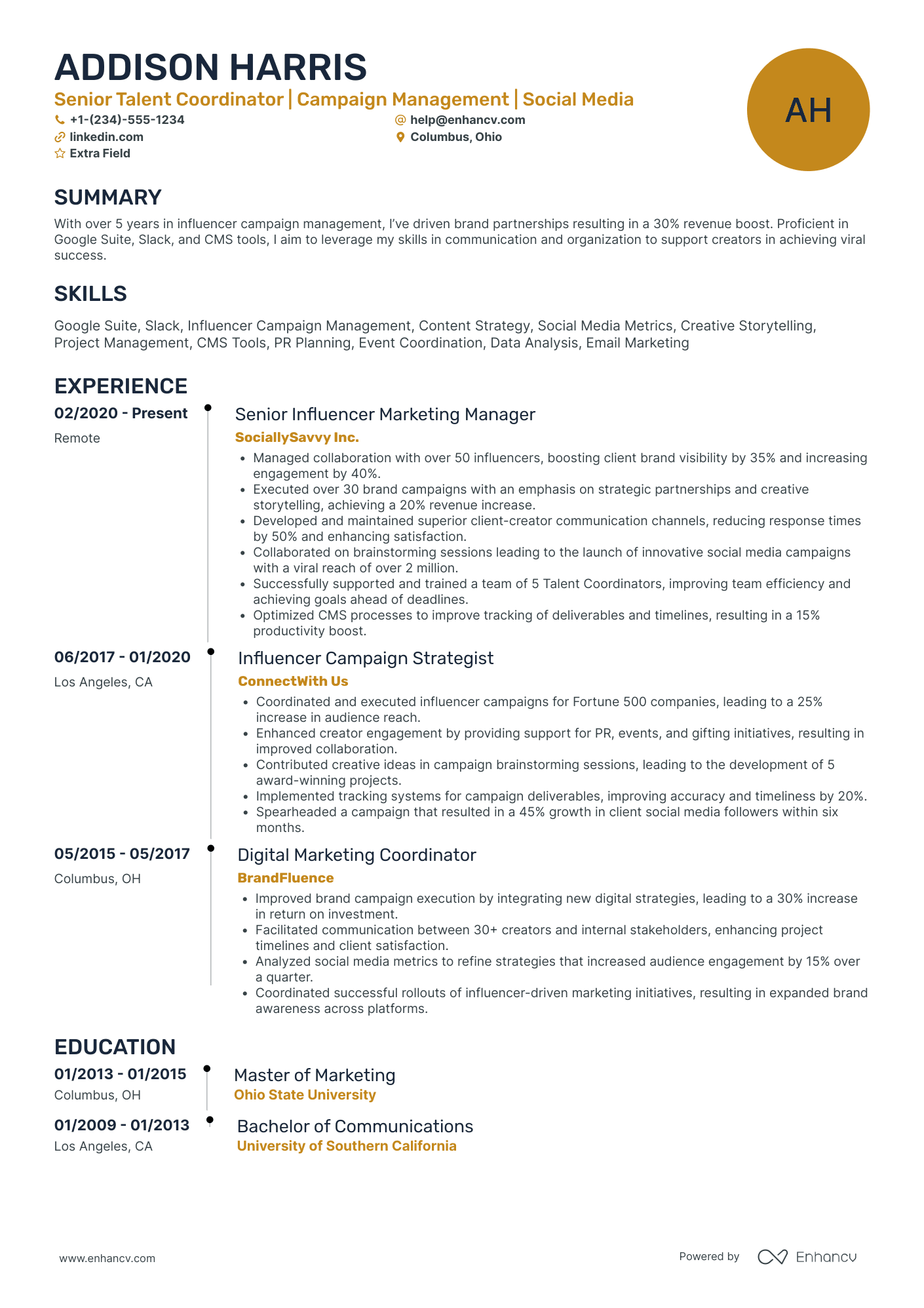 Social Media Influencer Coordinator Resume Example