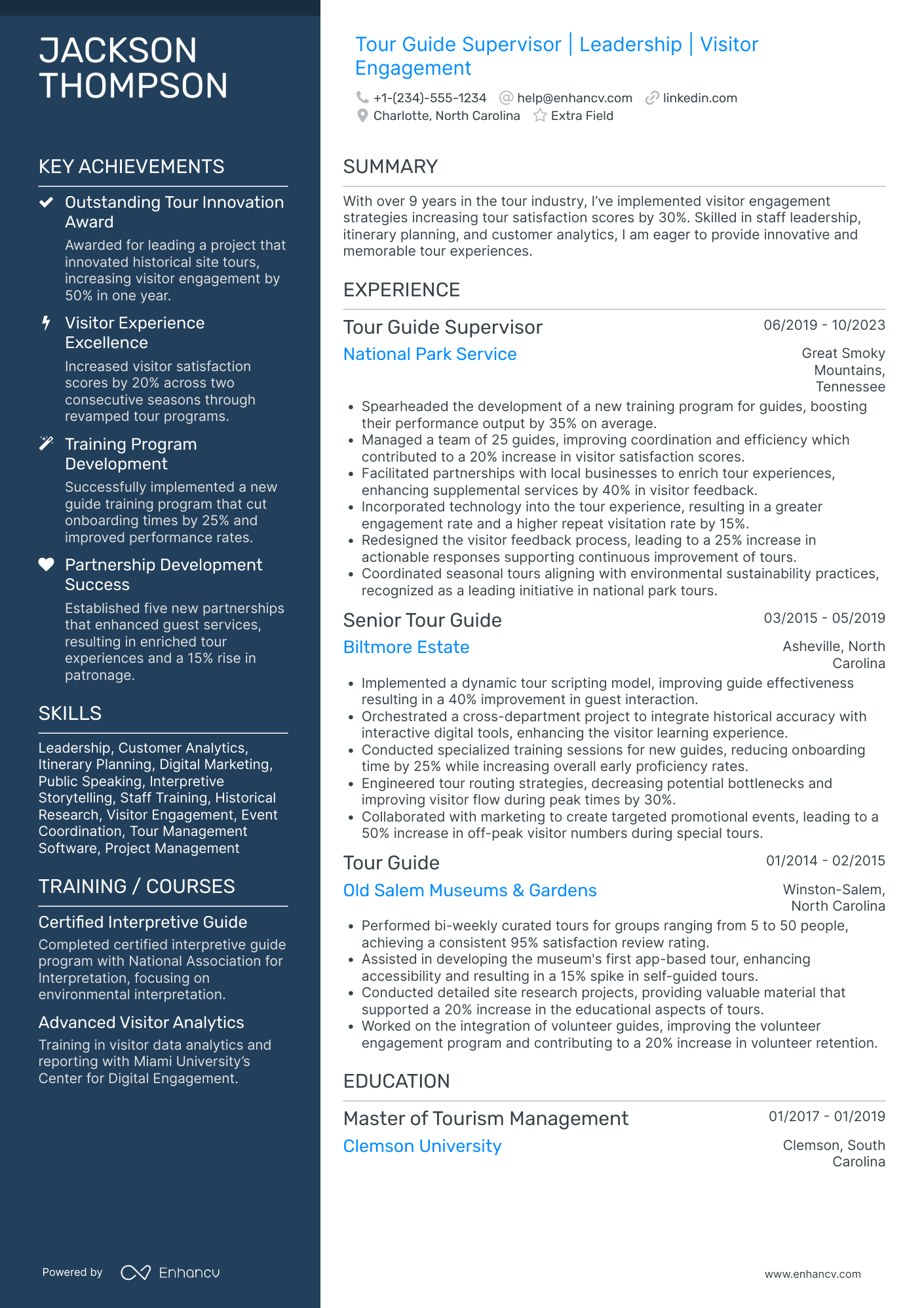 Tour Guide Supervisor Resume Example