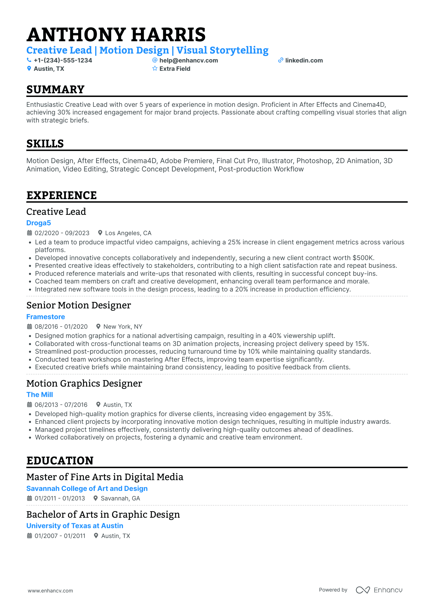 Lead 3D Artist Resume Example