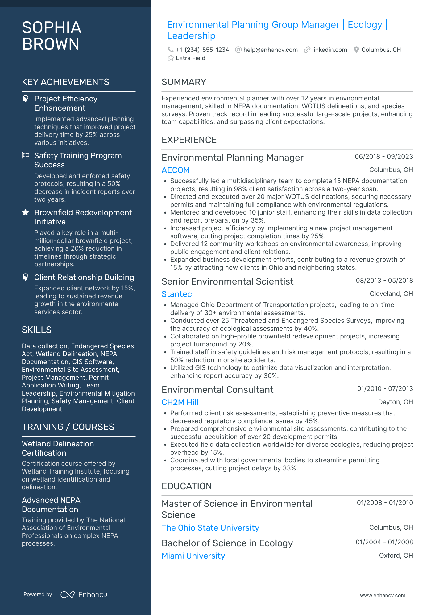 Environmental Planning Manager Resume Example