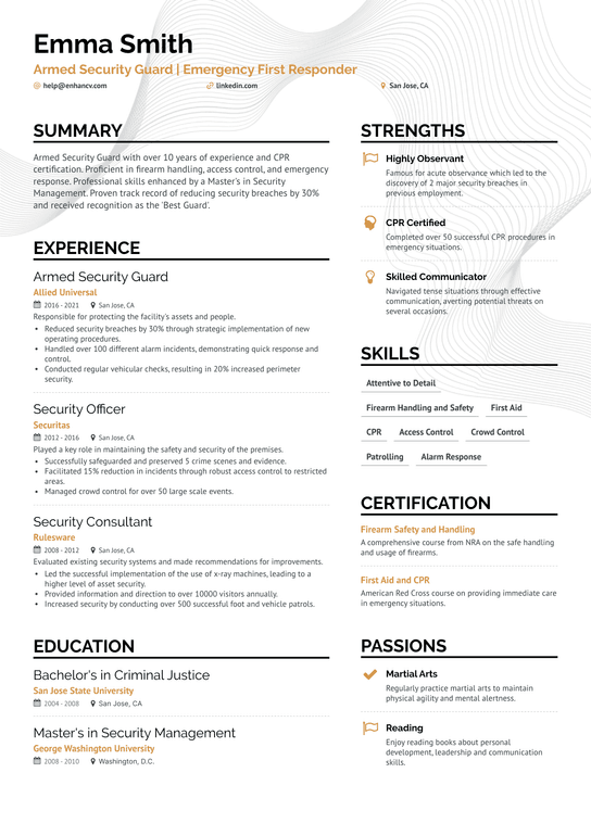 Armed Security Guard Resume Example