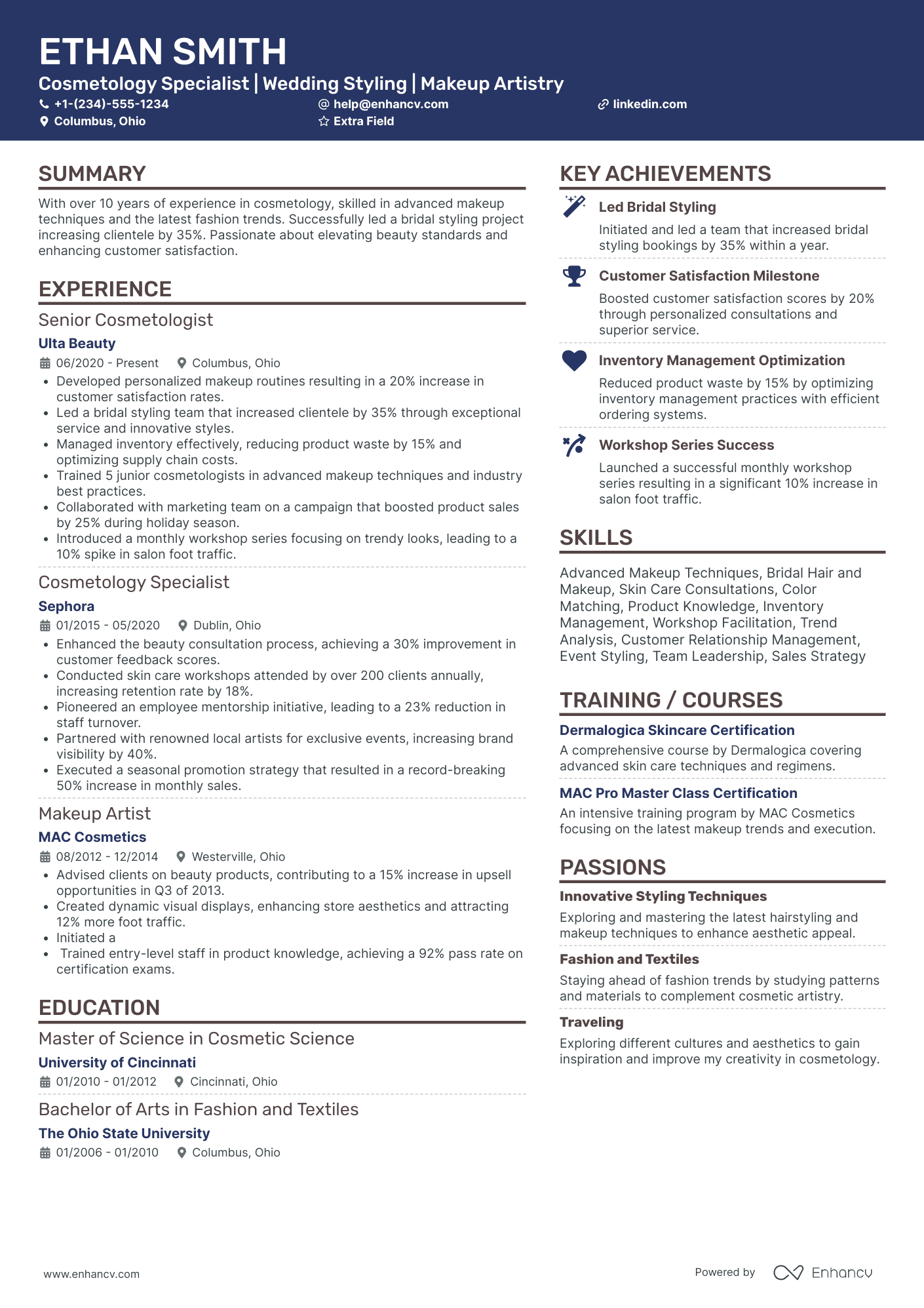 Cosmetology Specialist Resume Example