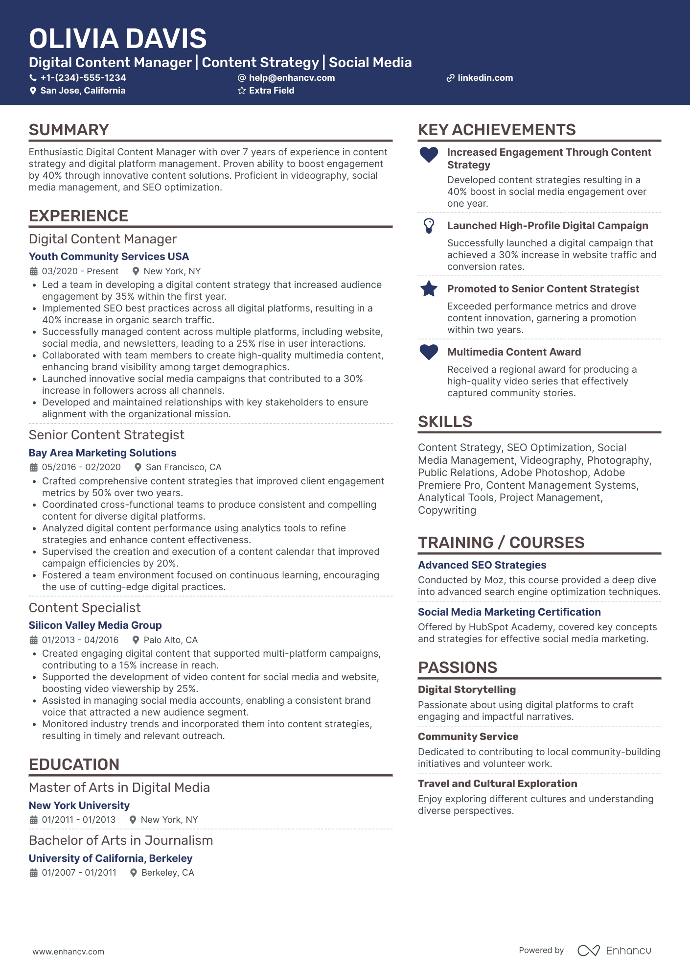 Senior Content Manager Resume Example