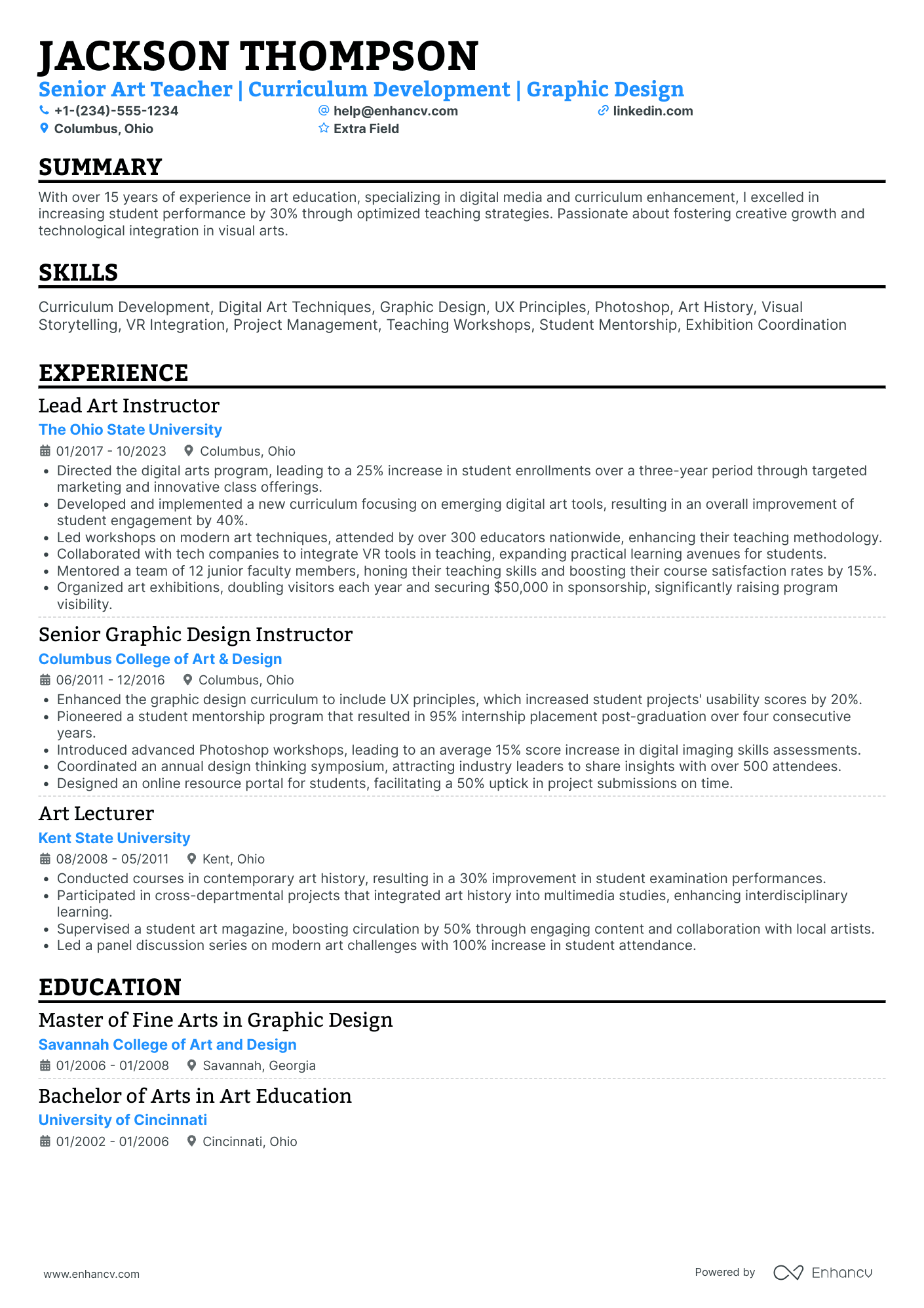 Senior Art Teacher Resume Example