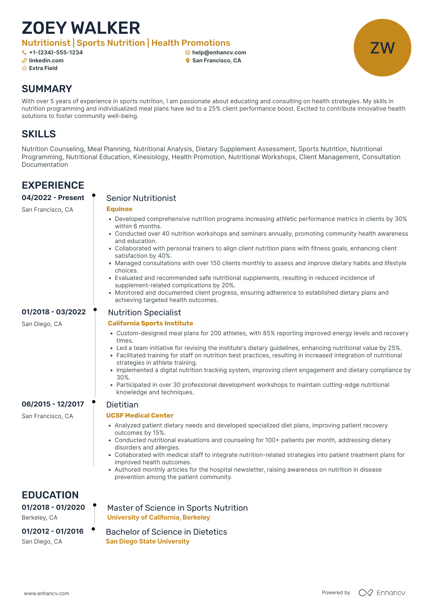 Sports Nutritionist Resume Example