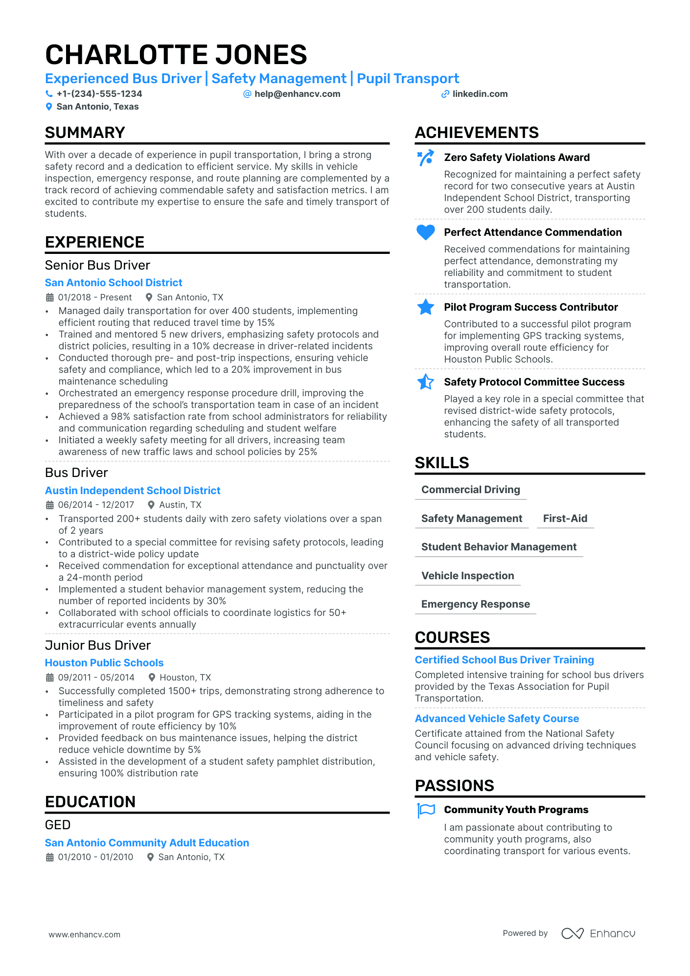 Bus Driver Resume Example