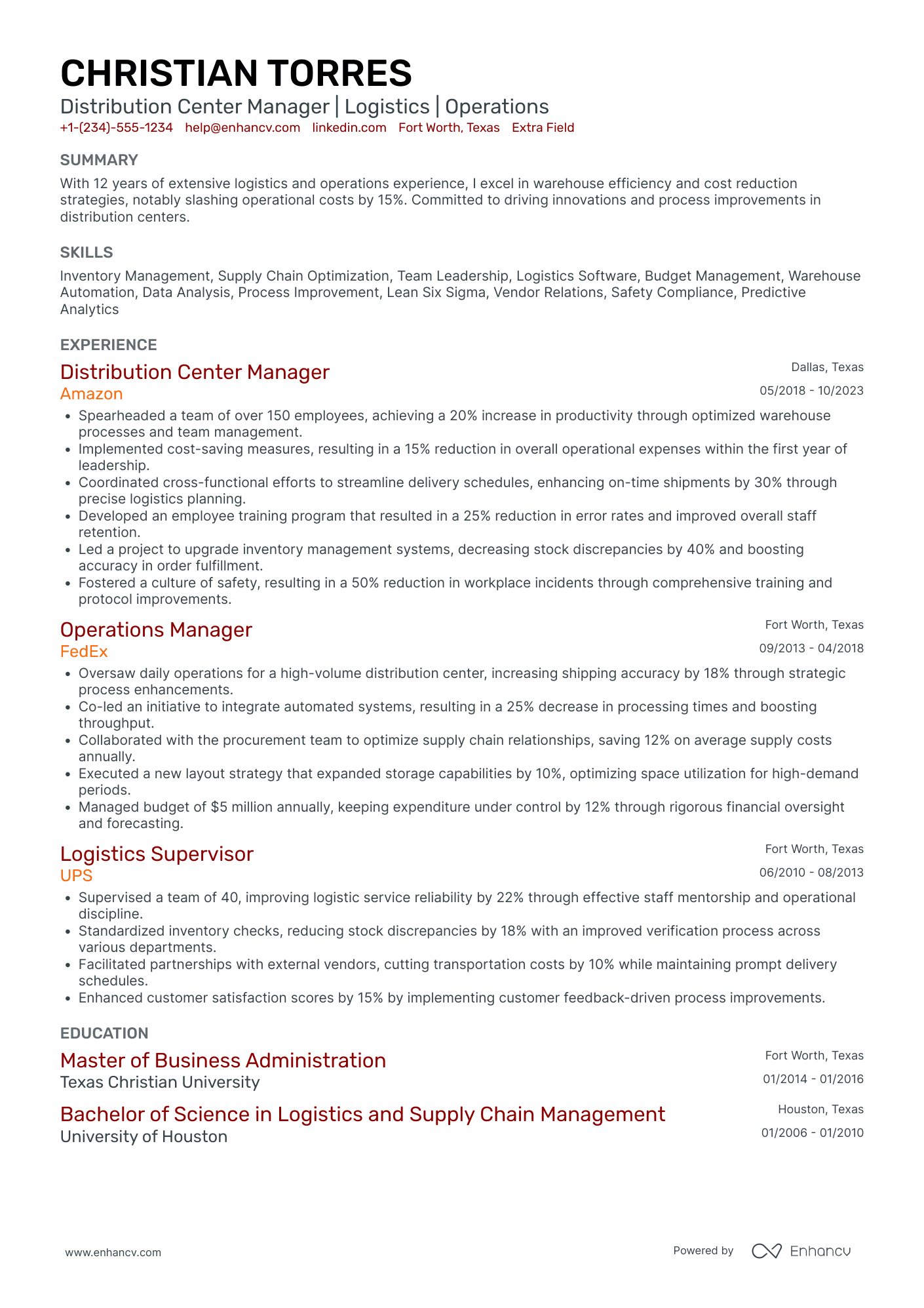 Walmart Distribution Center Manager Resume Example