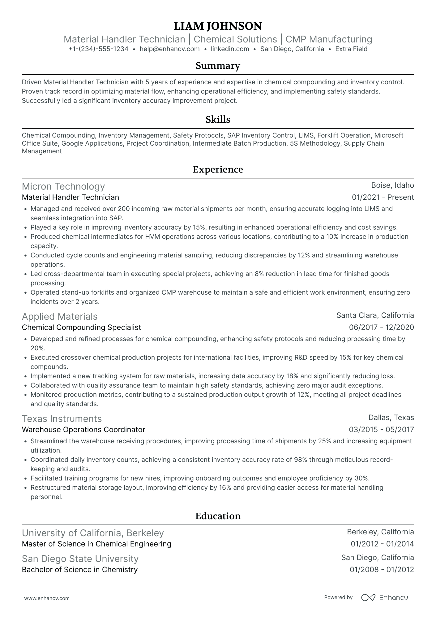 Material Handler Technician Resume Example