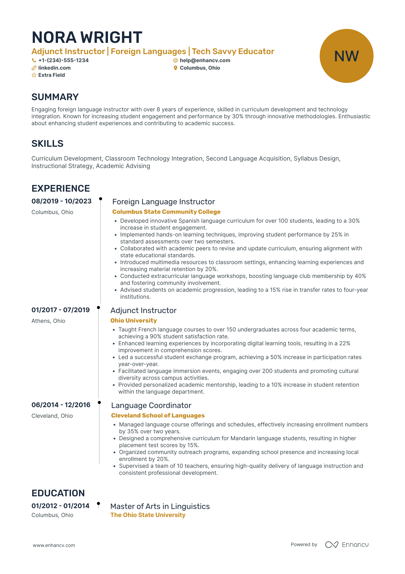 Online Foreign Language Teacher Resume Example